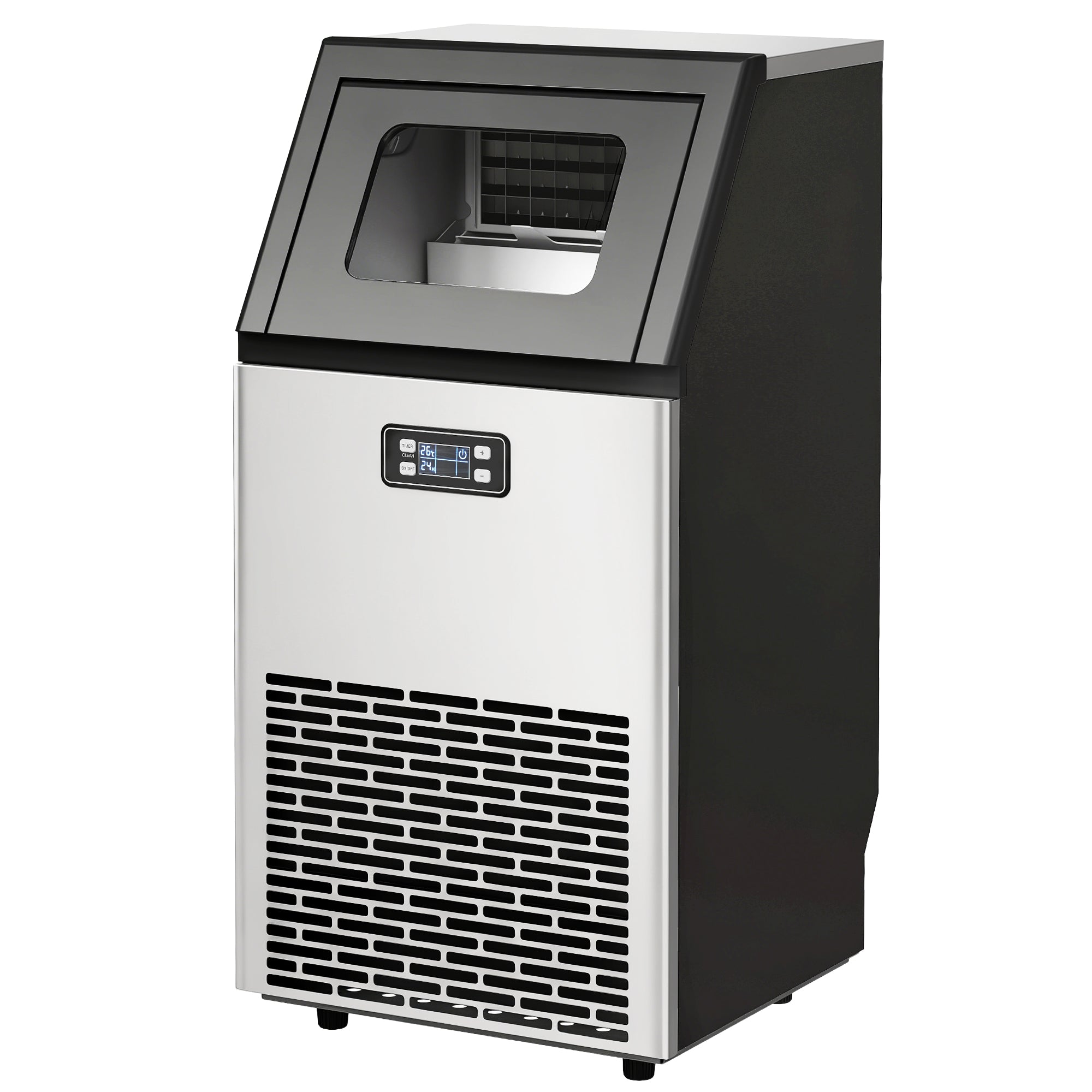 HOMCOM Commercial Ice Maker Machine, Freestanding Stainless Steel Ice Machine with Self-Cleaning, LCD Display, 45kg/24 Hours and 11kg Storage for Home, Office, Bar, Restaurant