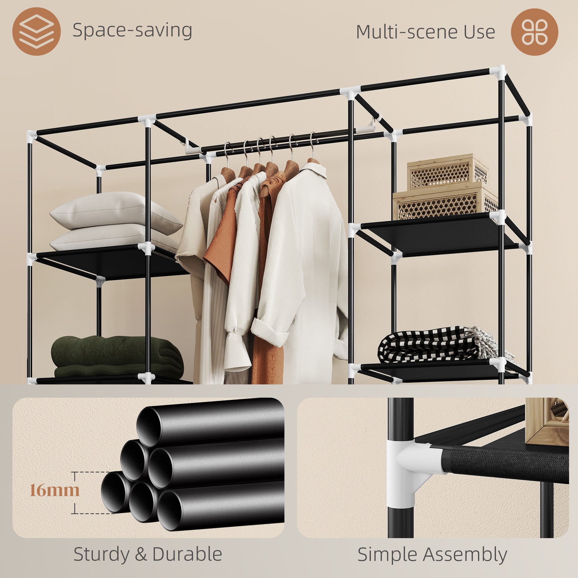 HOMCOM Portable Wardrobe, Foldable Fabric Wardrobe, 150 x 43 x 162.5cm, Clothes Storage Organiser with Hanging Rail, Shelves, Fabric Cover for Bedroom, Black - North Peak Garden Furniture