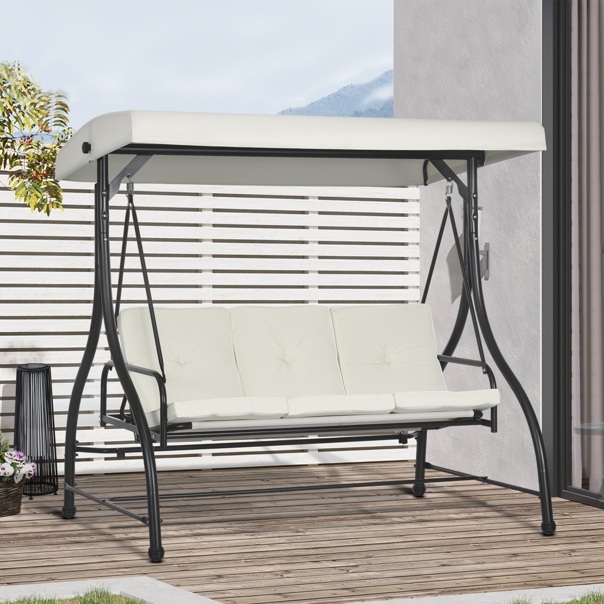 Outsunny 3 Seater Canopy Swing Chair, 2 in 1 Garden Swing Seat Bed, with Adjustable Canopy and Metal Frame, Cream White