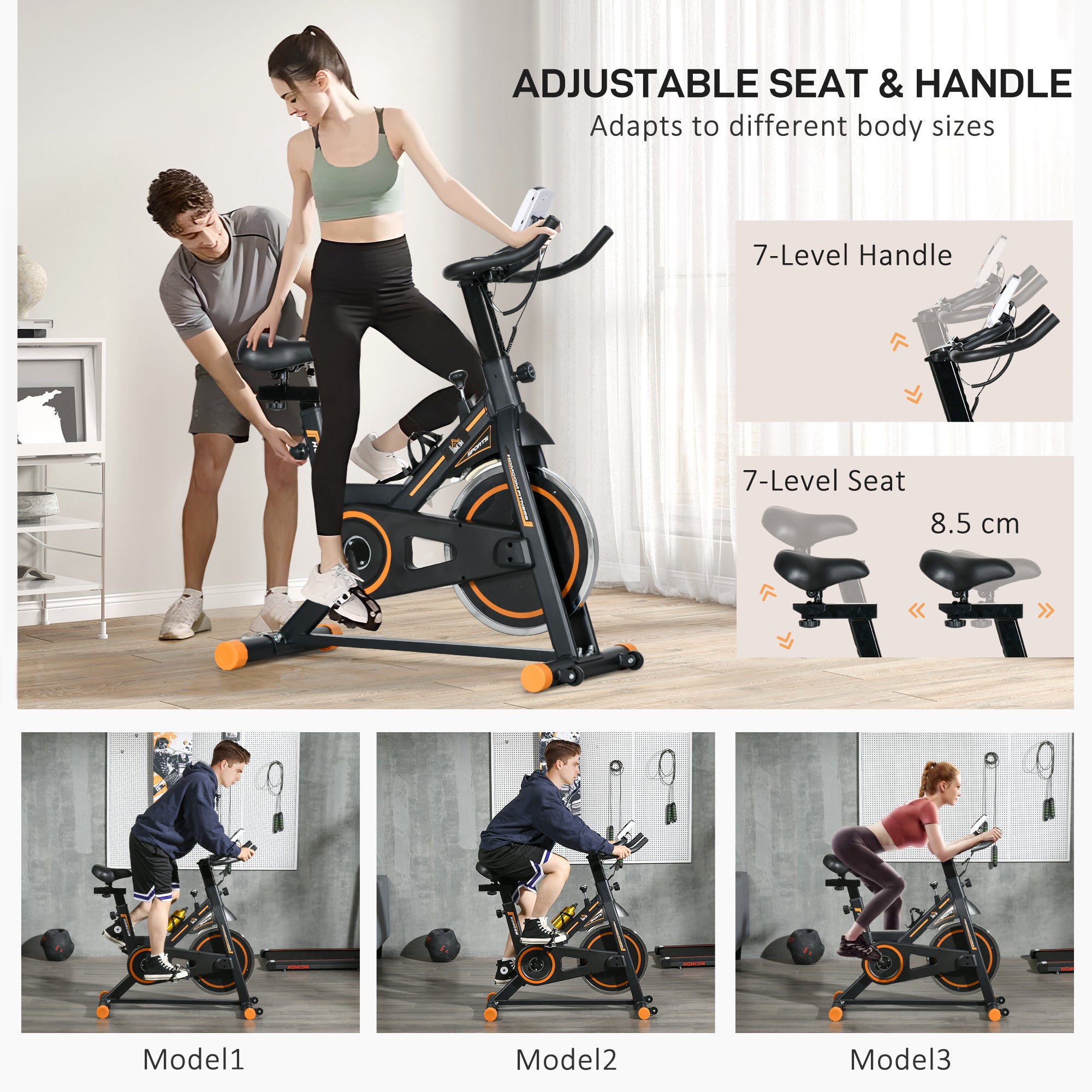HOMCOM Exercise Bike, Indoor Cycling, with LCD Display, Heart Rate, Sensor - Black and Orange - North Peak Garden Furniture