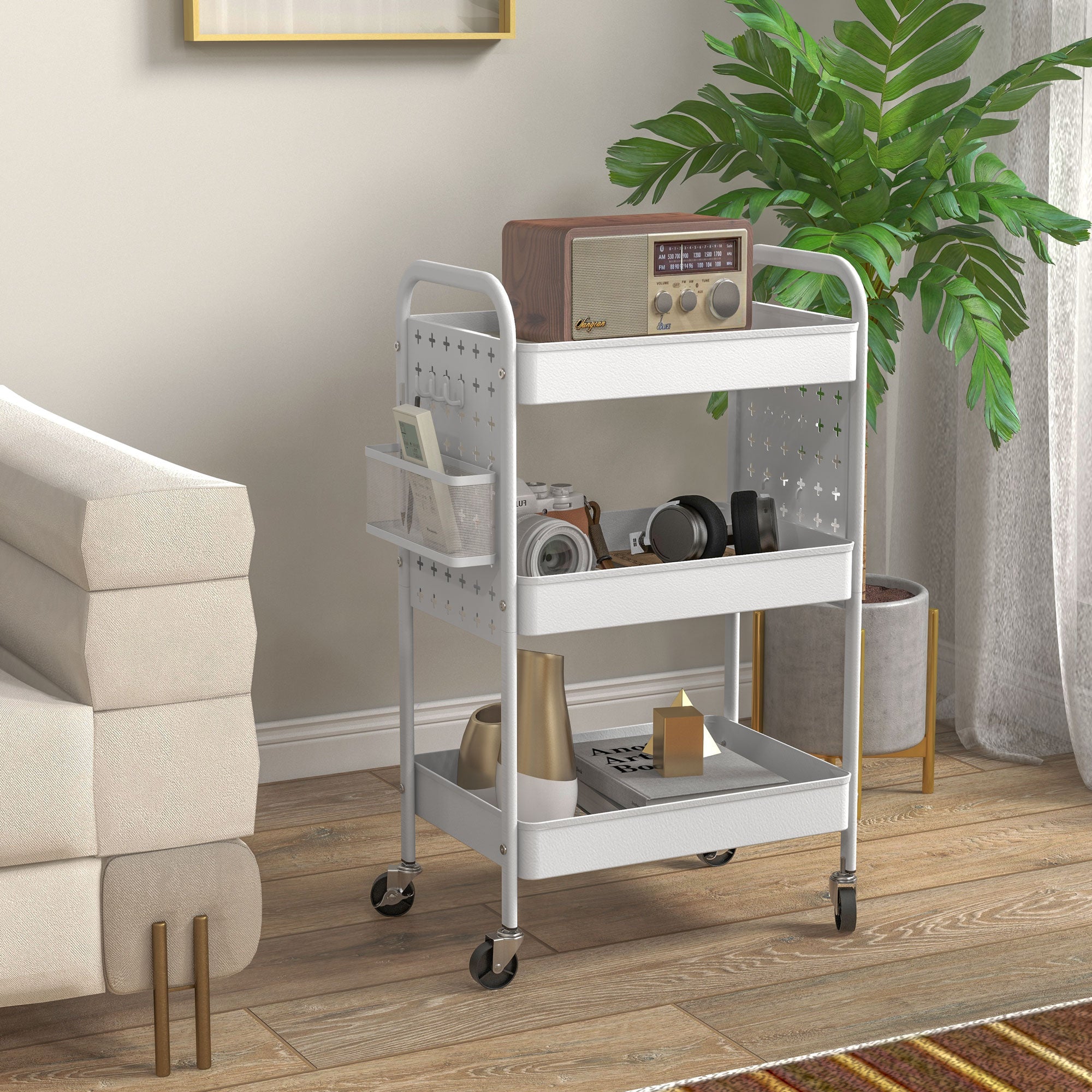 HOMCOM 3-tier Storage Trolley on Wheels, Rolling Utility Serving Cart with 3 Mesh Baskets, 2 Hanging Boxes and 6 Hooks for Living Room, Kitchen, White - North Peak Garden Furniture