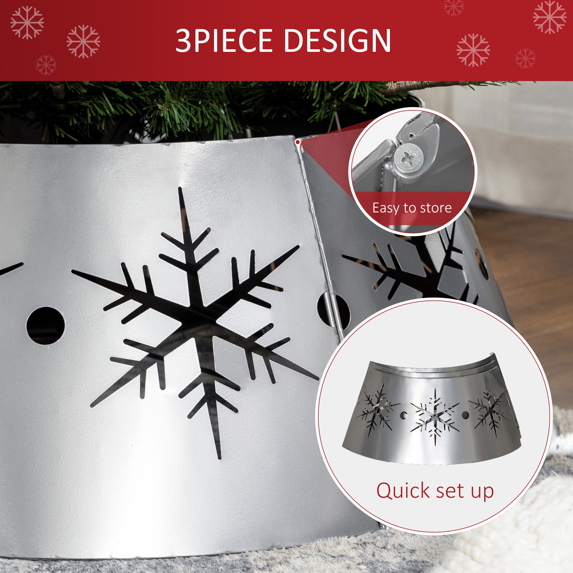 HOMCOM Christmas Tree Collar, 66cm Christmas Tree Base Cover with Hollow Snowflake Patterns, Xmas Decoration for Party, Holiday, Home, Silver - North Peak Garden Furniture