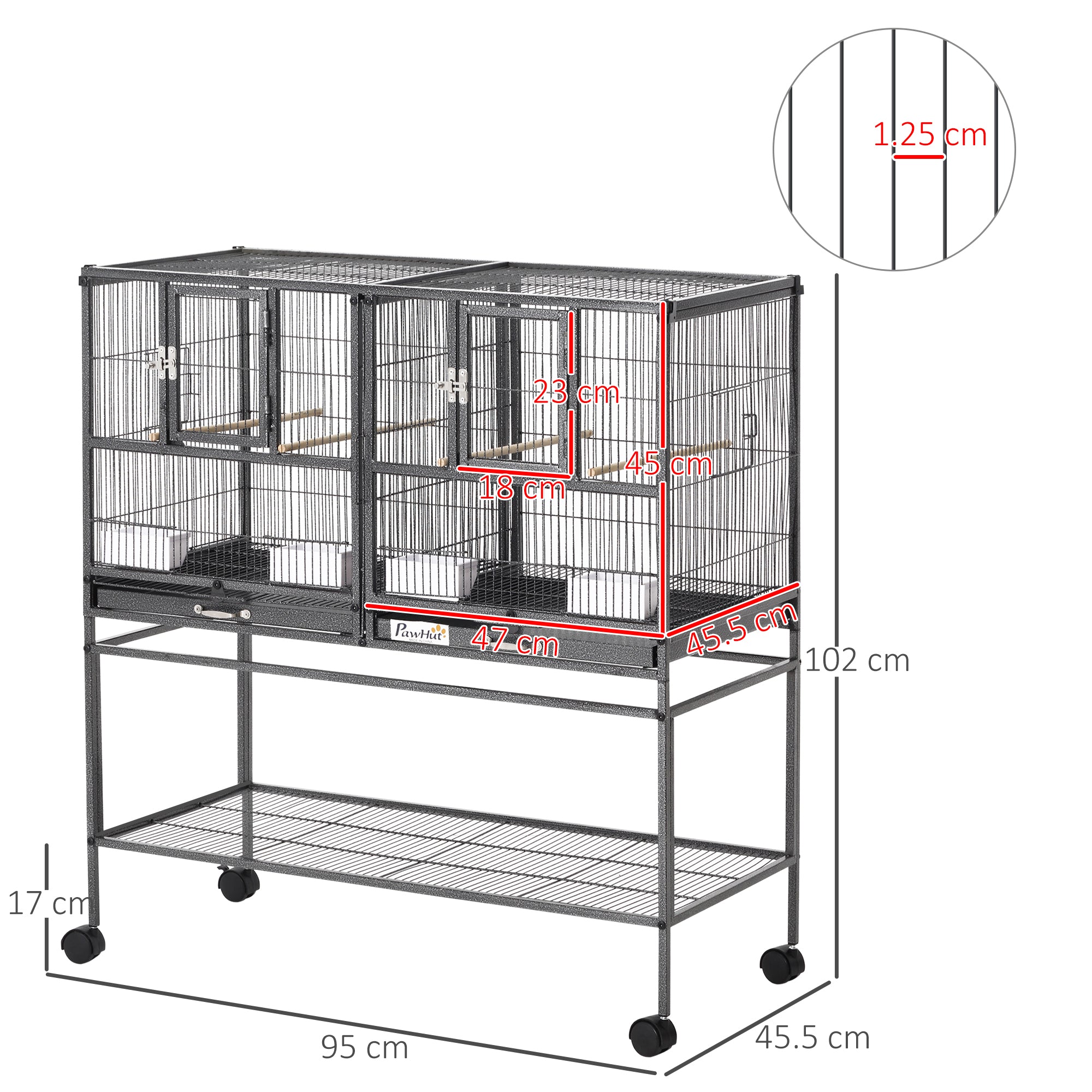 PawHut Large Bird Cage Parrot Cage with Divider, Slide Tray for Finch Canaries Parakeets Cockatiels, 95 x 45.5 x 102 cm