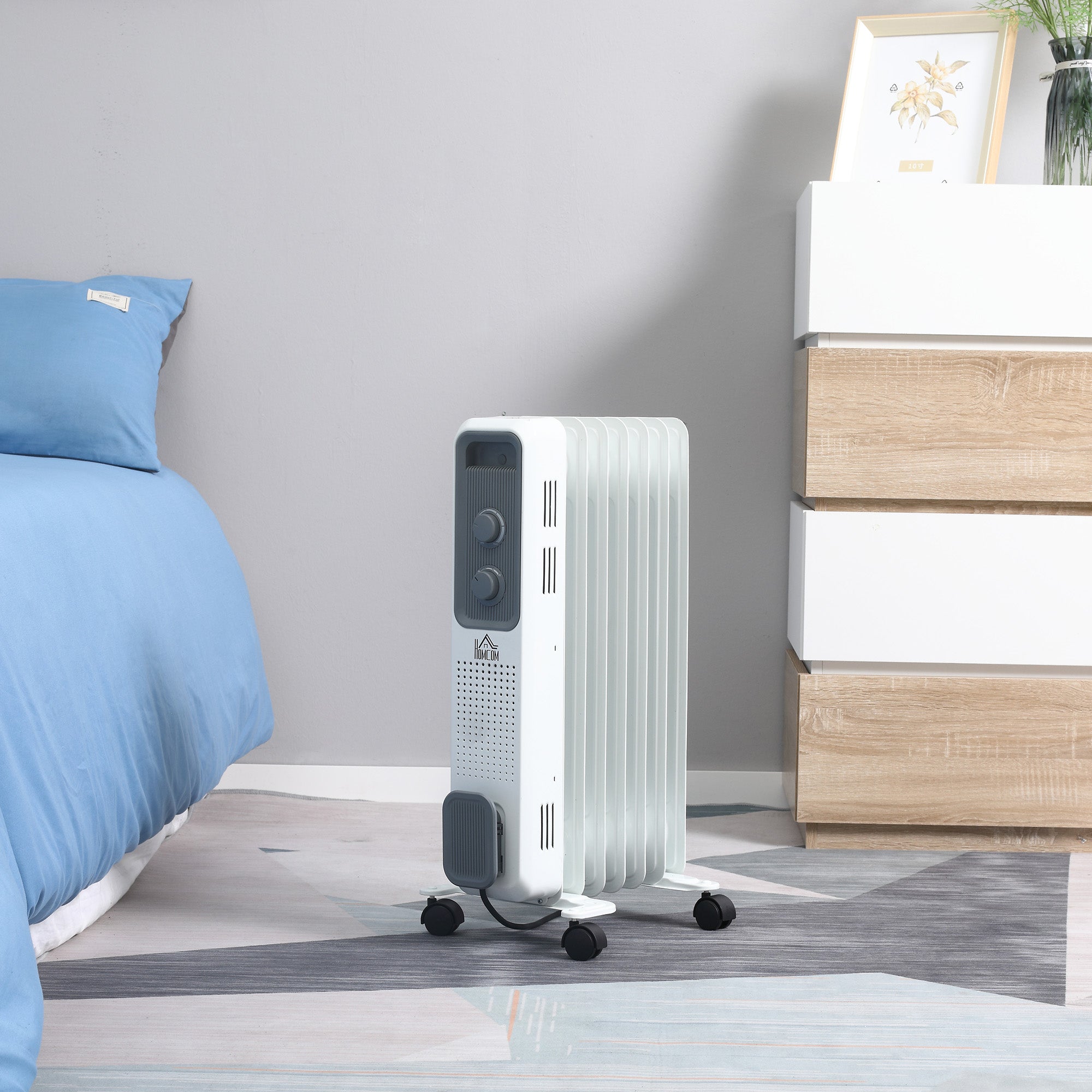 HOMCOM 1500W Oil Filled Radiator, 7 Fin, Portable Electric Heater with 3 Heat Settings, Safety Cut-Off and Wheels, White - North Peak Garden Furniture