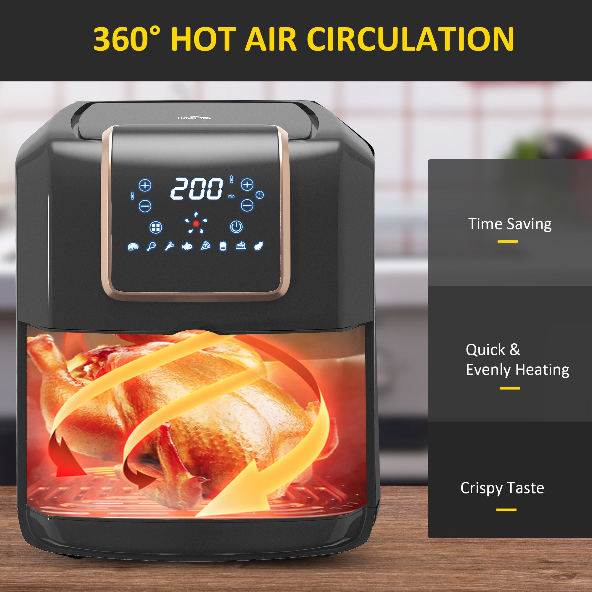 HOMCOM 6.5L Single Basket Air Fryer, 80-200°C Temperature, Black and Gold Tone - North Peak Garden Furniture