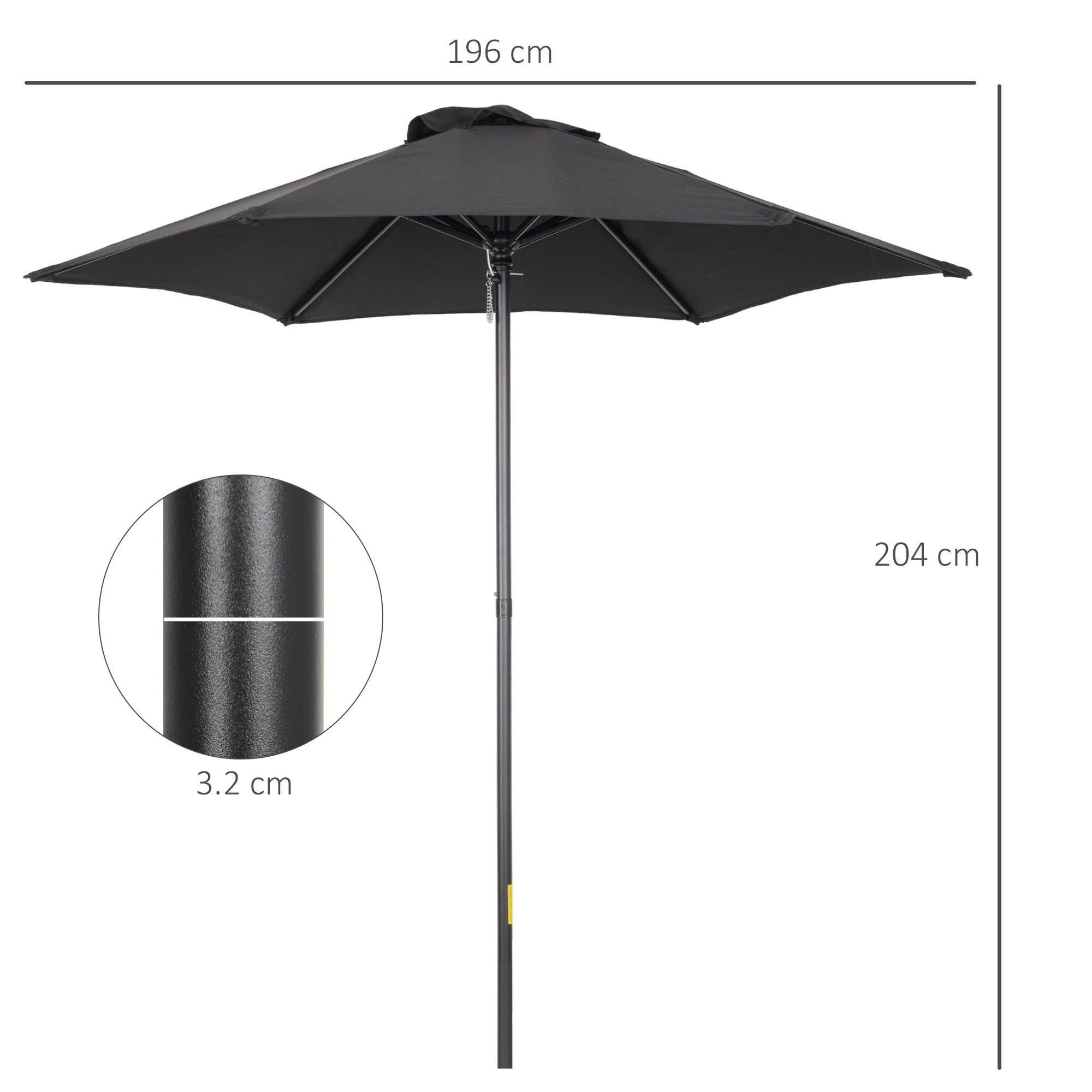 Outsunny 2m Garden Parasol Umbrella, Outdoor Sun Shade with 6 Sturdy Ribs for Balcony, Bench, Garden, Black