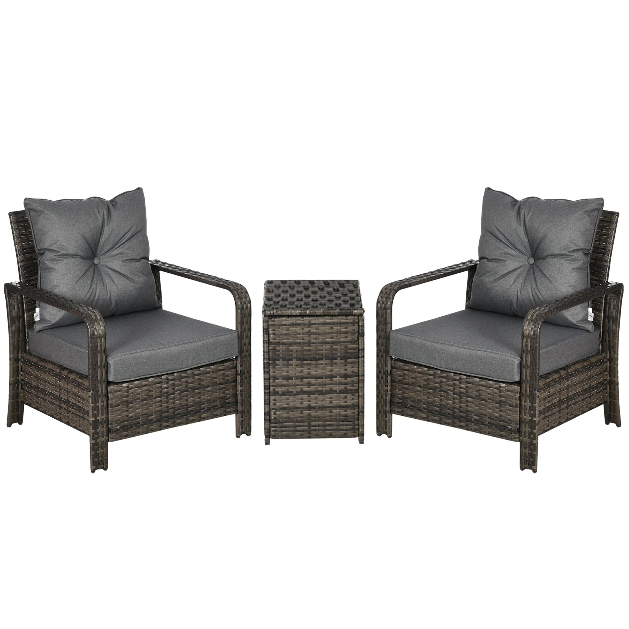 Outsunny 3 Pieces Rattan Bistro Set, Wicker Garden Furniture Set with Storage Coffee Table and Chairs, Thickened Cushions for Outdoor, Patio, Balcony, Grey - North Peak Garden Furniture