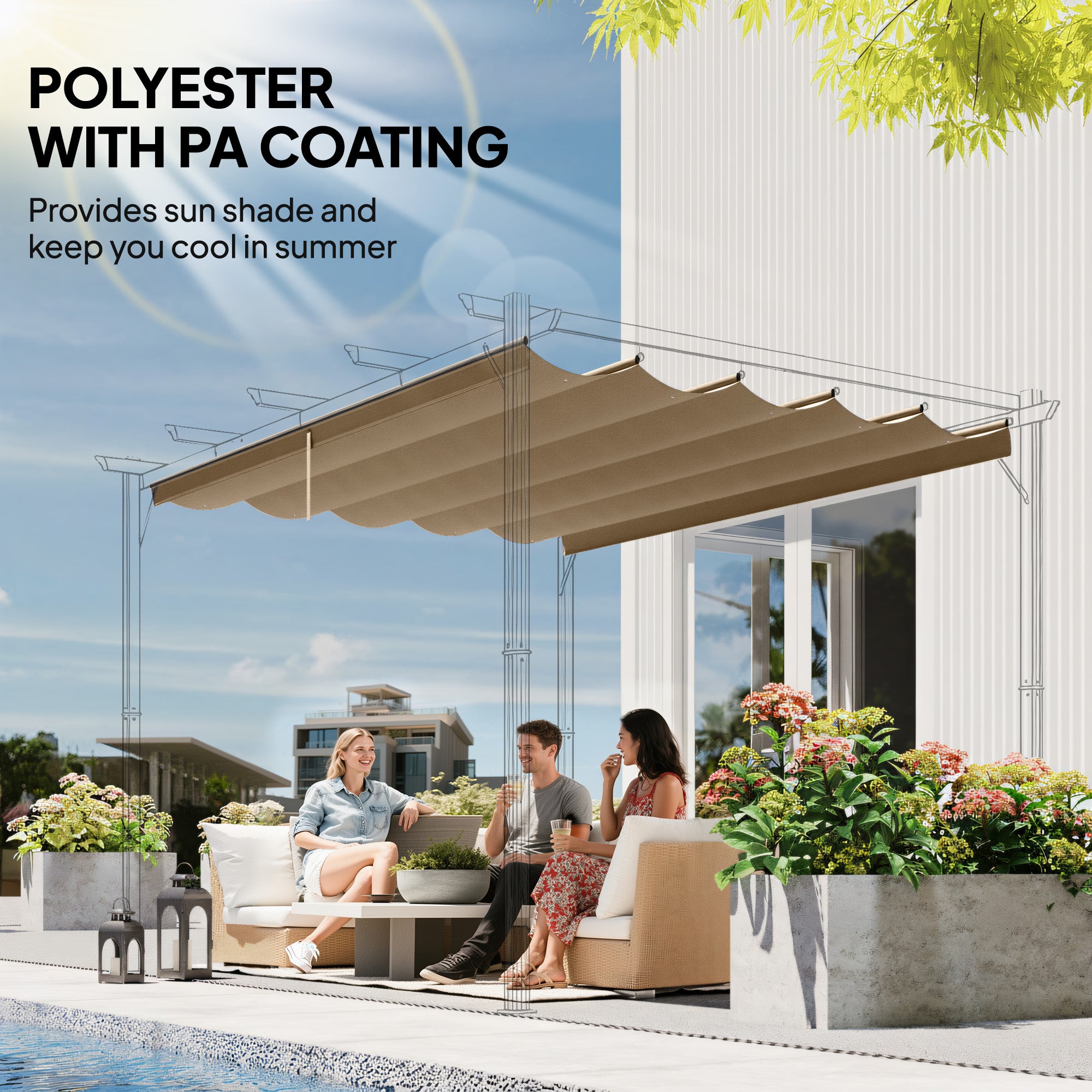 Outsunny Retractable Pergola Shade Cover, Replacement Canopy Fabric for 3 x 3 (m) Pergola, Gazebo Retractable Roof, Tan
