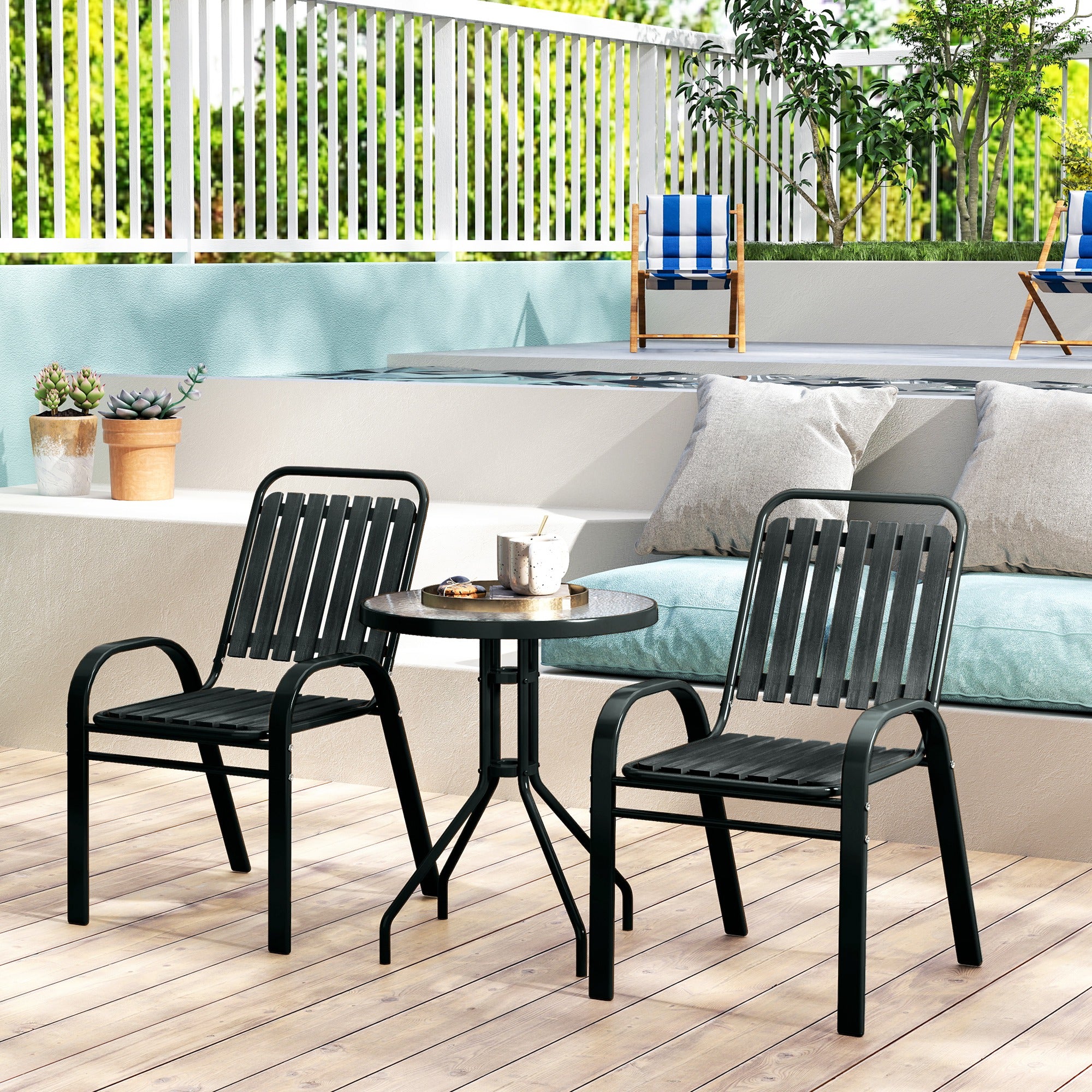 Outsunny 3 Pieces Patio Bistro Set with Stackable Chairs, Tempered Glass Table, for Outdoor, Balcony, Patio, Garden Charcoal Grey - North Peak Garden Furniture