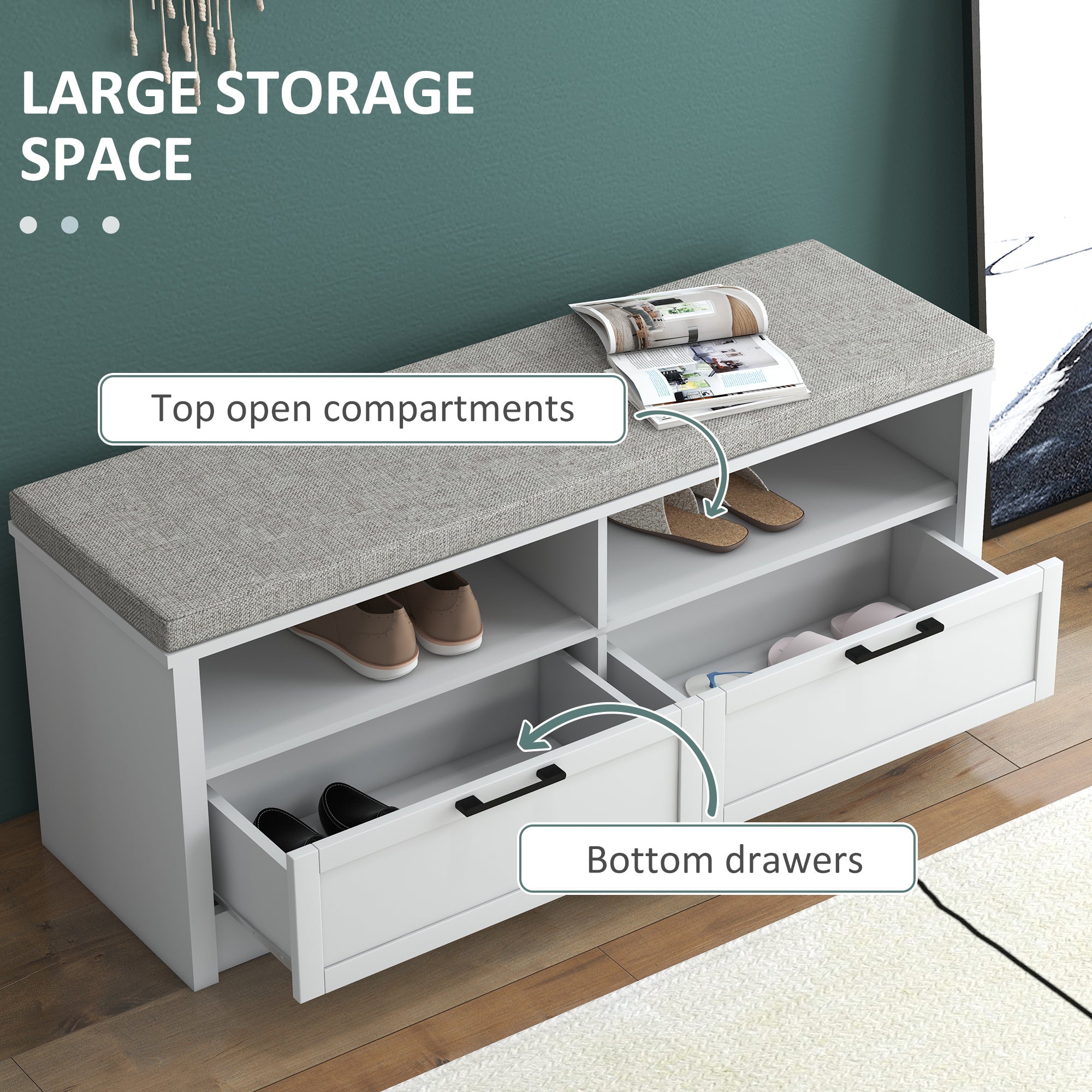 HOMCOM Shoe Bench with Removable Cushion, Shoe Storage Bench with Padded Seat, Open Compartments and Drawers for Entryway Hallway - North Peak Garden Furniture