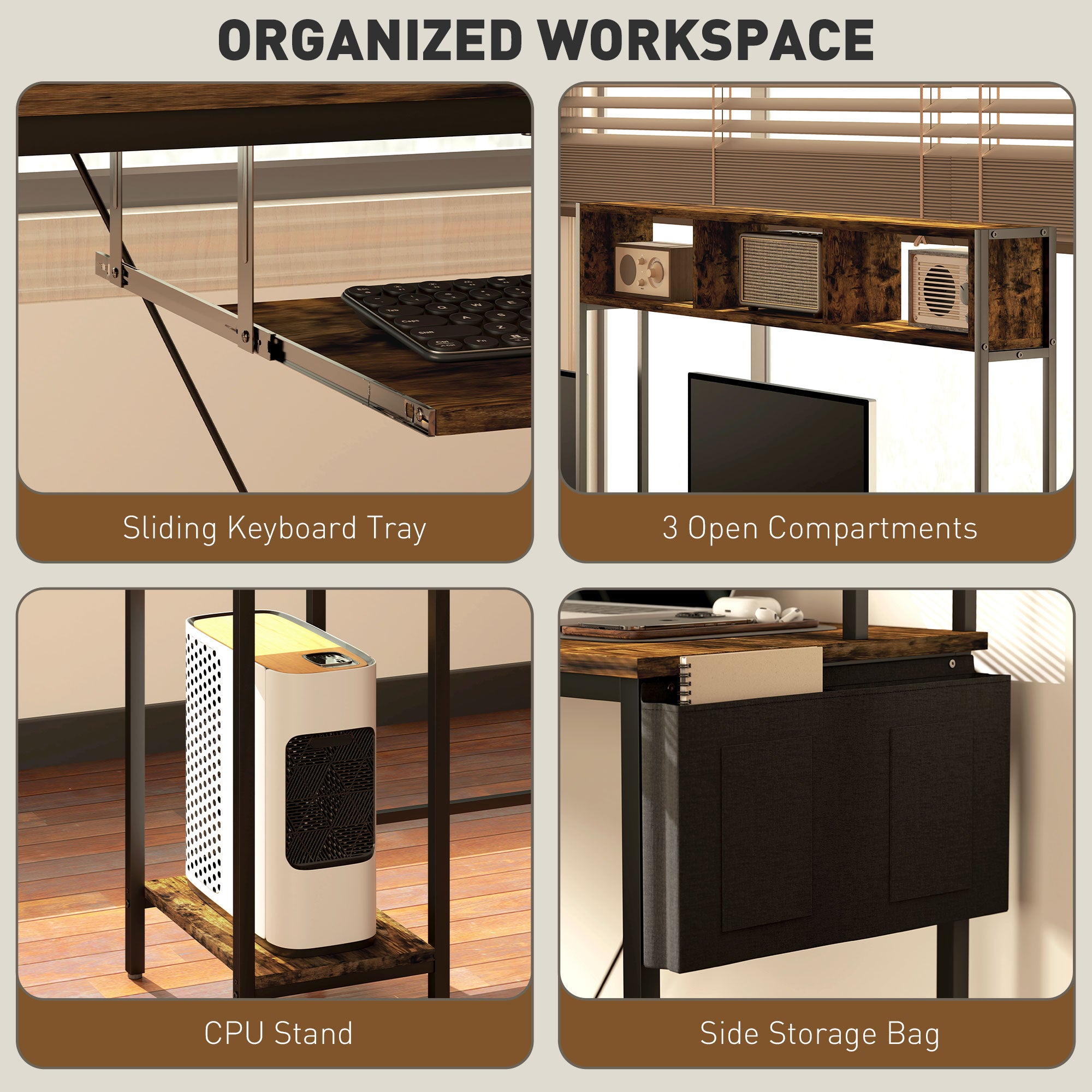 HOMCOM 160cm Reversible L Shaped Desk with Power Outlet, Industrial Corner Desk with Storage Shelves and Keyboard Tray, 240cm Long Computer Desk for 2 Person, Rustic Brown - North Peak Garden Furniture