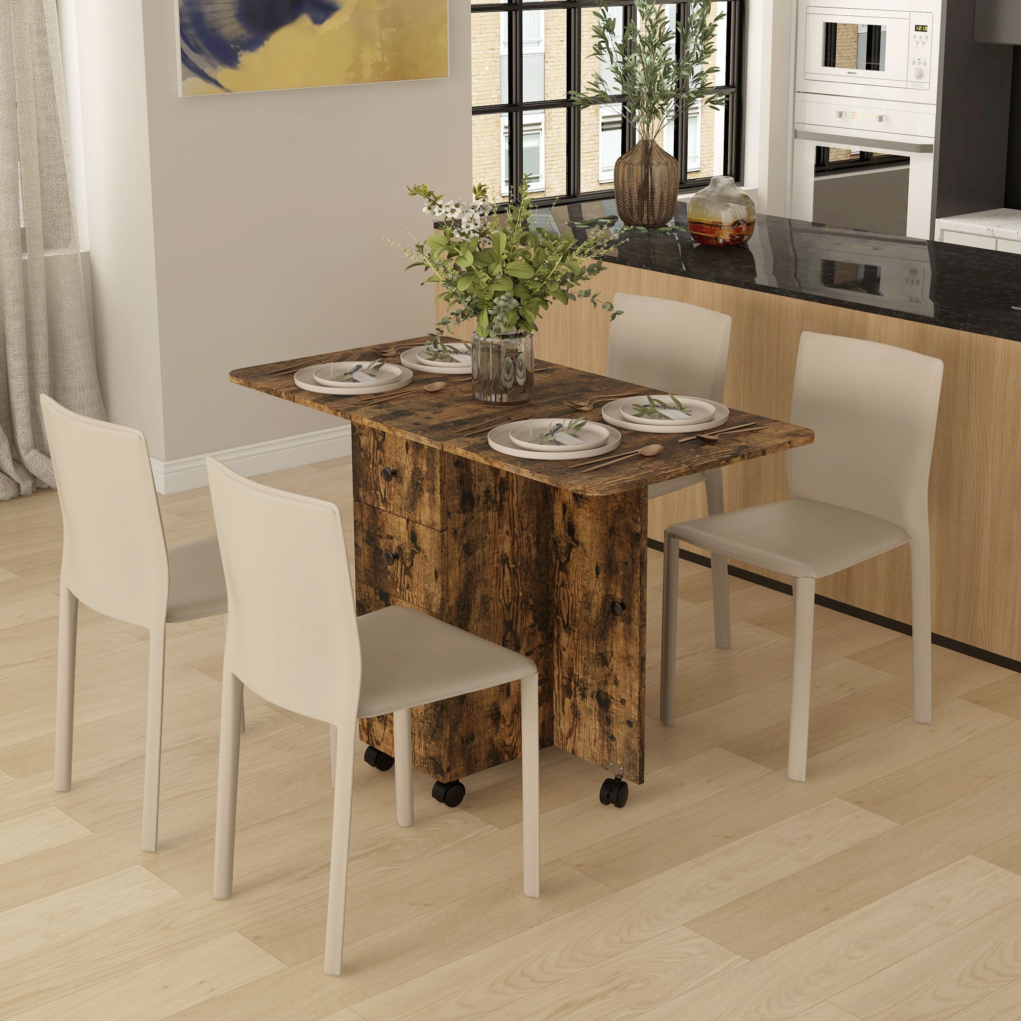 HOMCOM Multi-Storage Six-Person Drop Leaf Dining Table - Rustic Brown - North Peak Garden Furniture