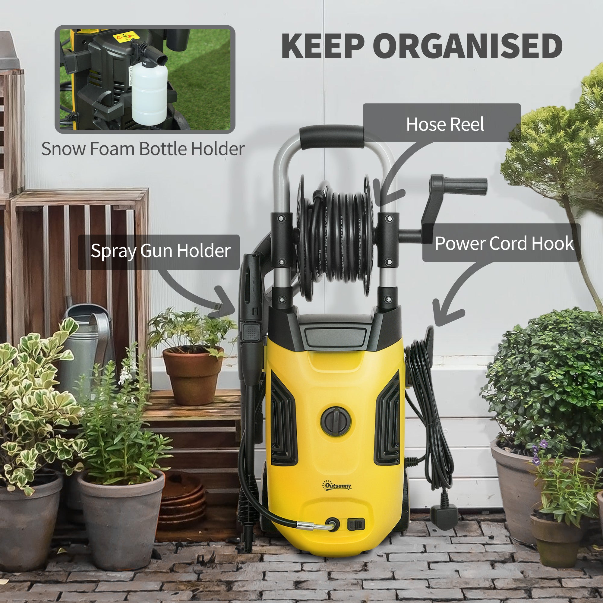 Outsunny 1800W High Pressure Washer, 150 Bar Pressure, 420 L/h Flow, Portable Power Washer Jet Wash Cleaner with Adjustable Nozzle, 6M Hose, Hose Reel, Steel Handle for Home Patio Car Driveway, Yellow - North Peak Garden Furniture