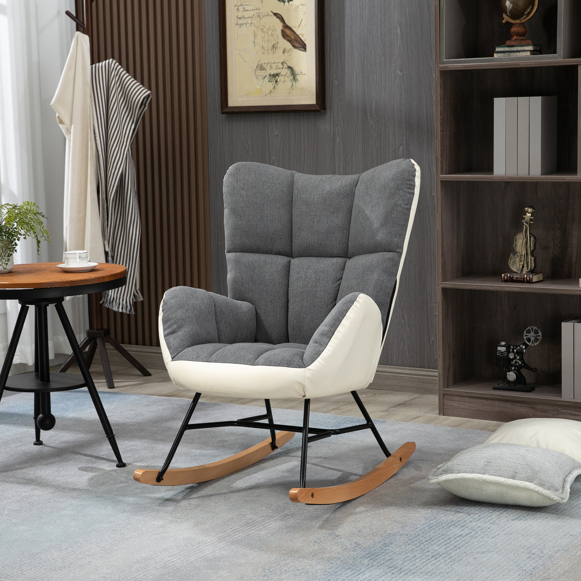 HOMCOM Soft Padded Rocking Wingback Armchair, with Wooden Legs - Grey/Cream - North Peak Garden Furniture