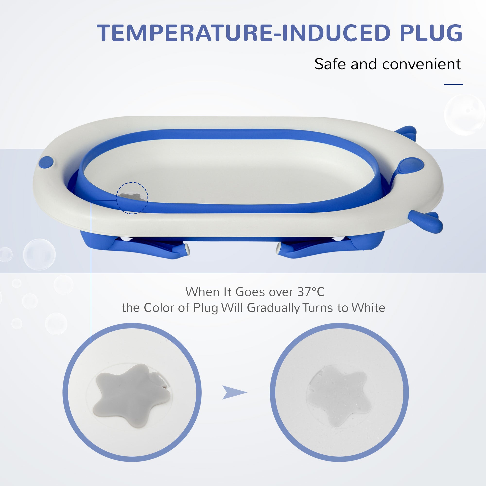 HOMCOM Foldable Baby Bathtub Set, Collapsible Bath Tub with Thermostatic Water Plug, Non-Slip Support, Cushion Pad, Drain Plugs, for Newborn to 3 Years - Blue - North Peak Garden Furniture