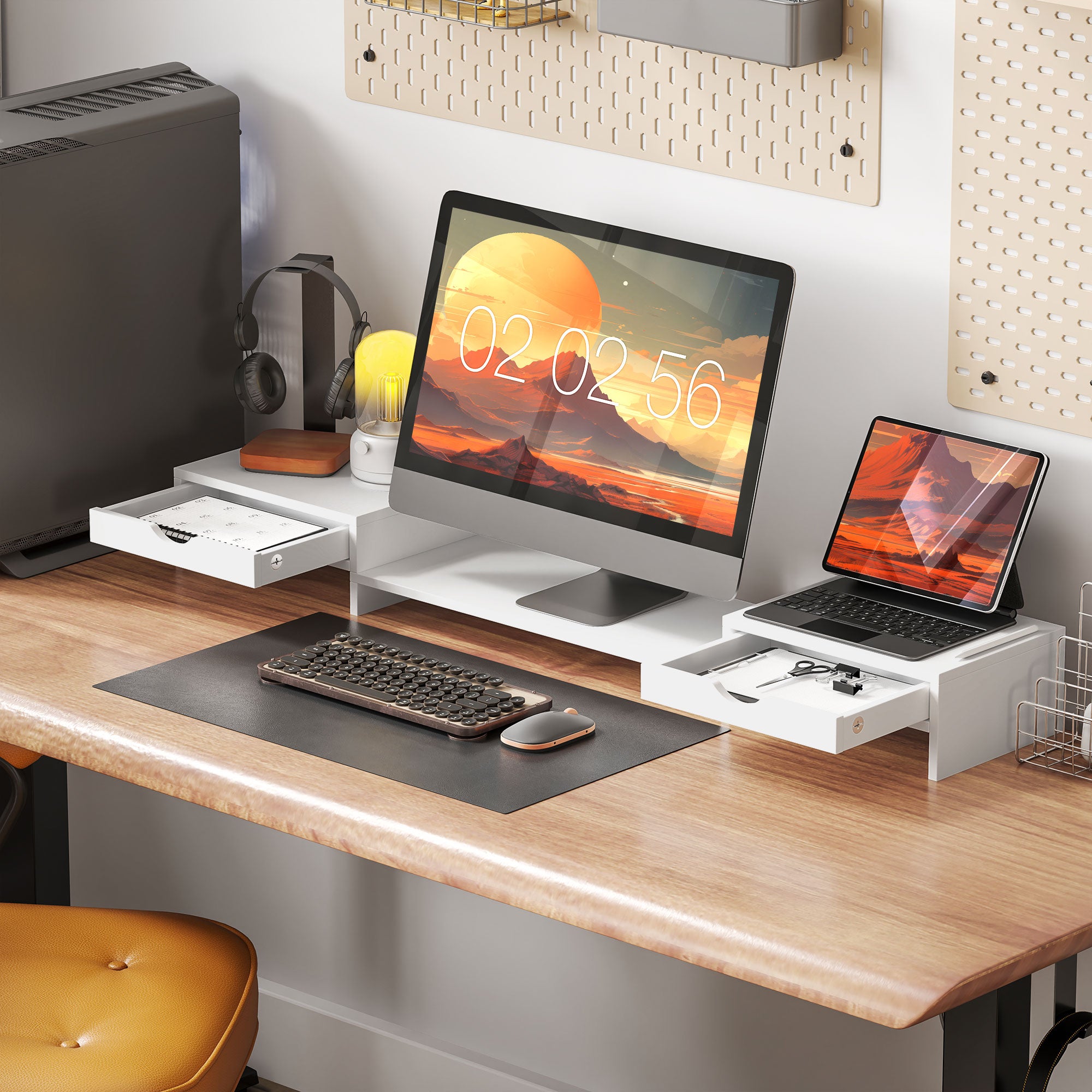 HOMCOM Dual Monitor Stand Riser with 2 Drawers, Adjustable Length and Angle, 116cm Monitor Riser for Laptop, Computer, PC, Small Printer, White - North Peak Garden Furniture