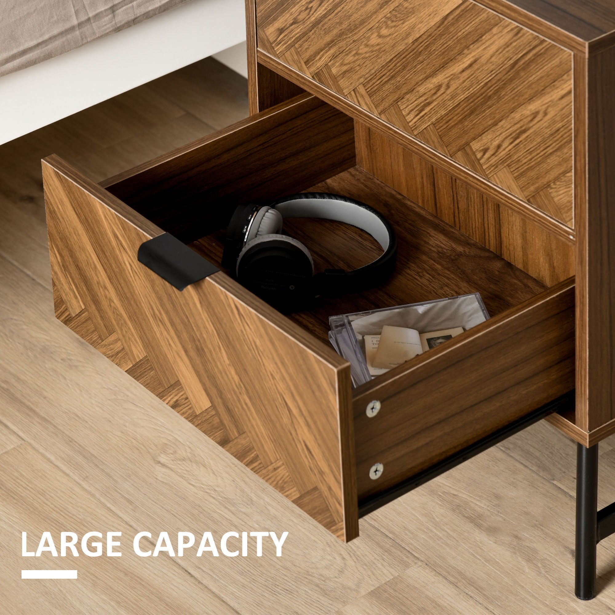 HOMCOM Bedside Table with Two Drawers, Side Cabinet Storage Unit with Metal Handles, Organisation Furniture for Living Room, Bedroom, Walnut Brown - North Peak Garden Furniture