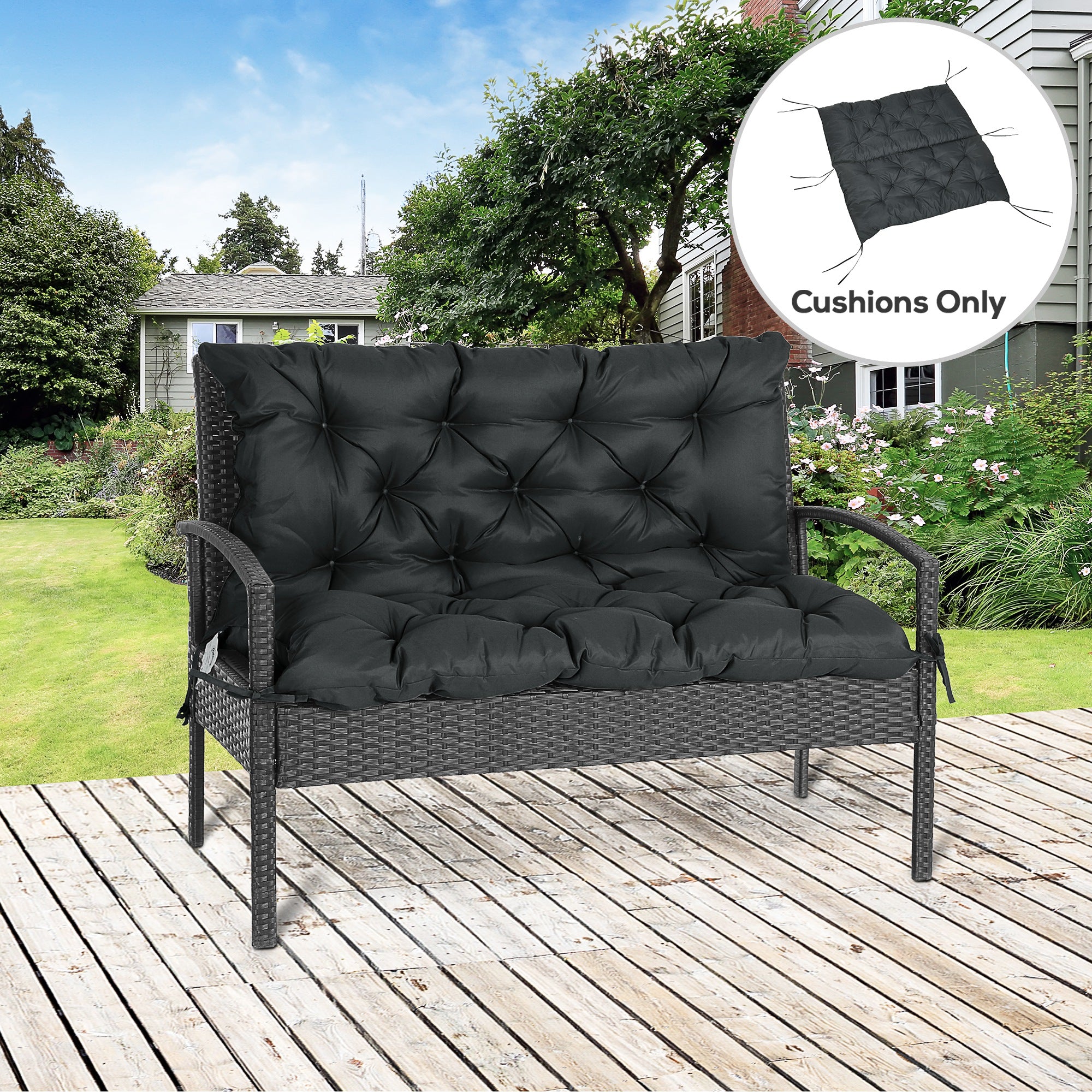 Outsunny 2 Seater Bench Cushion, Garden Chair Cushion with Back and Ties for Indoor and Outdoor Use, 98 x 100 cm, Black