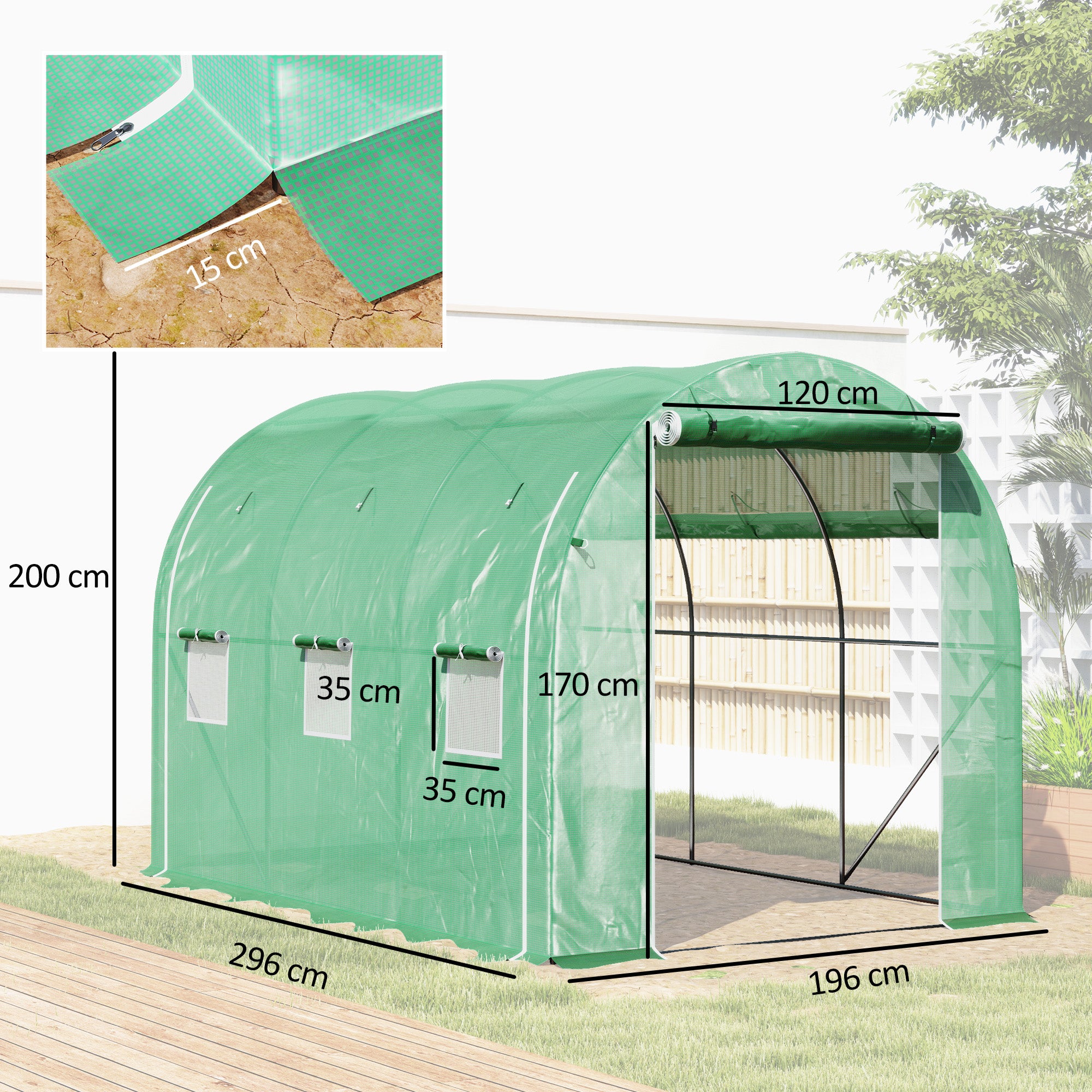Outsunny 296 x 196cm Steel Frame Polytunnel Greenhouse - Green