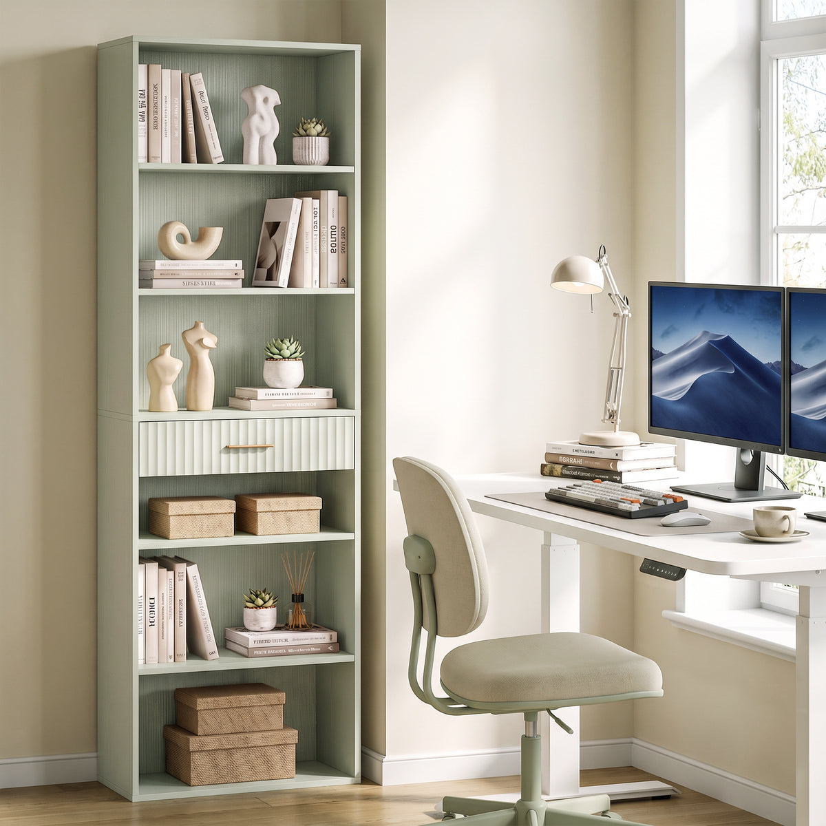 HOMCOM Bookcase Narrow Tall Space-Saving Bookshelf Drawer Open Shelves 60 x 24 x 182 cm Light Green