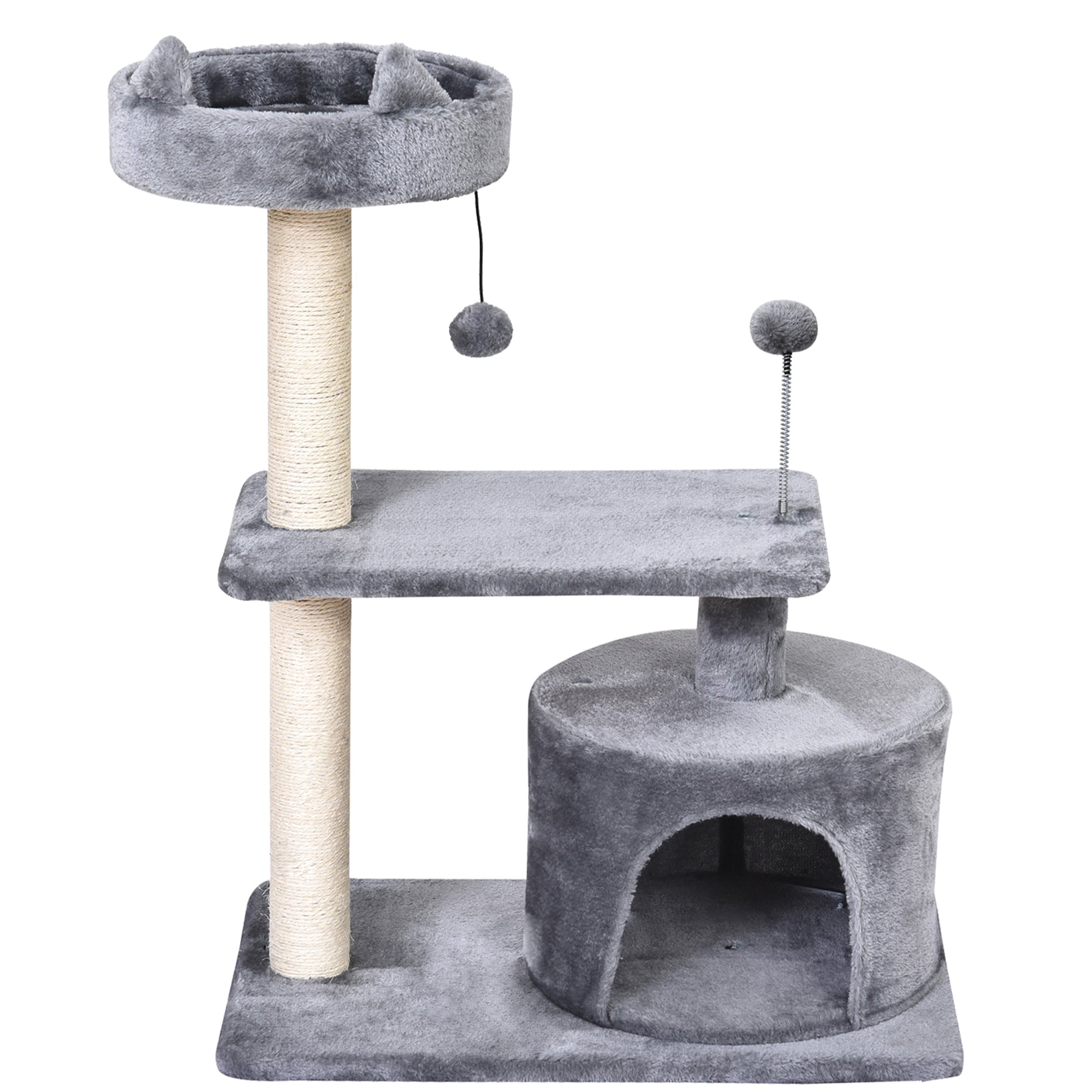 PawHut 3-Tier Cat Scratching Post with Sisal Rope & Play Toys, Durable Activity Centre for Cats, Grey