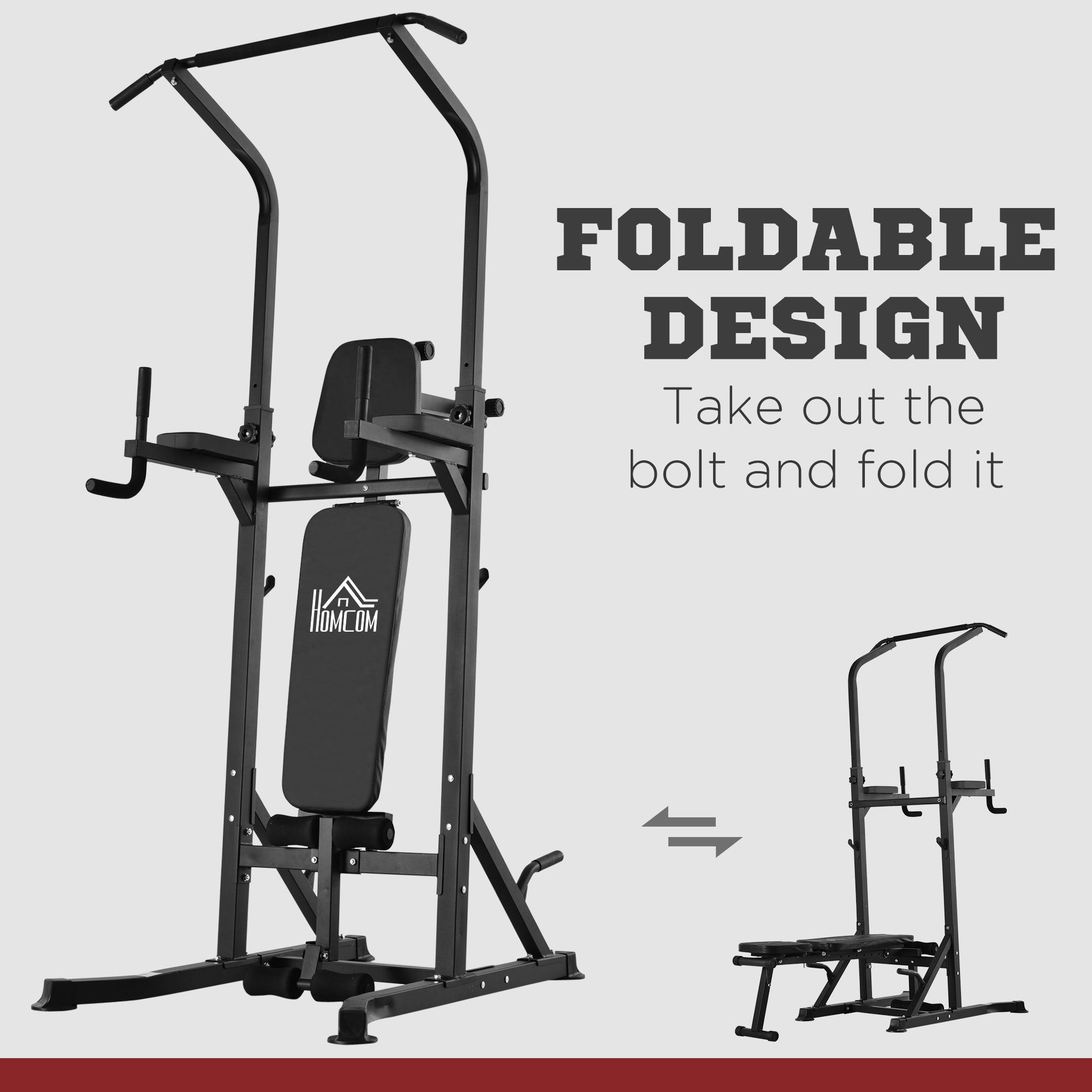 HOMCOM Pull Up Station with Adjustable Weight Bench, Dip Station and Barbell Rack, Multi-Function Power Tower Free Standing Pull Up Bar for Home Gym - North Peak Garden Furniture