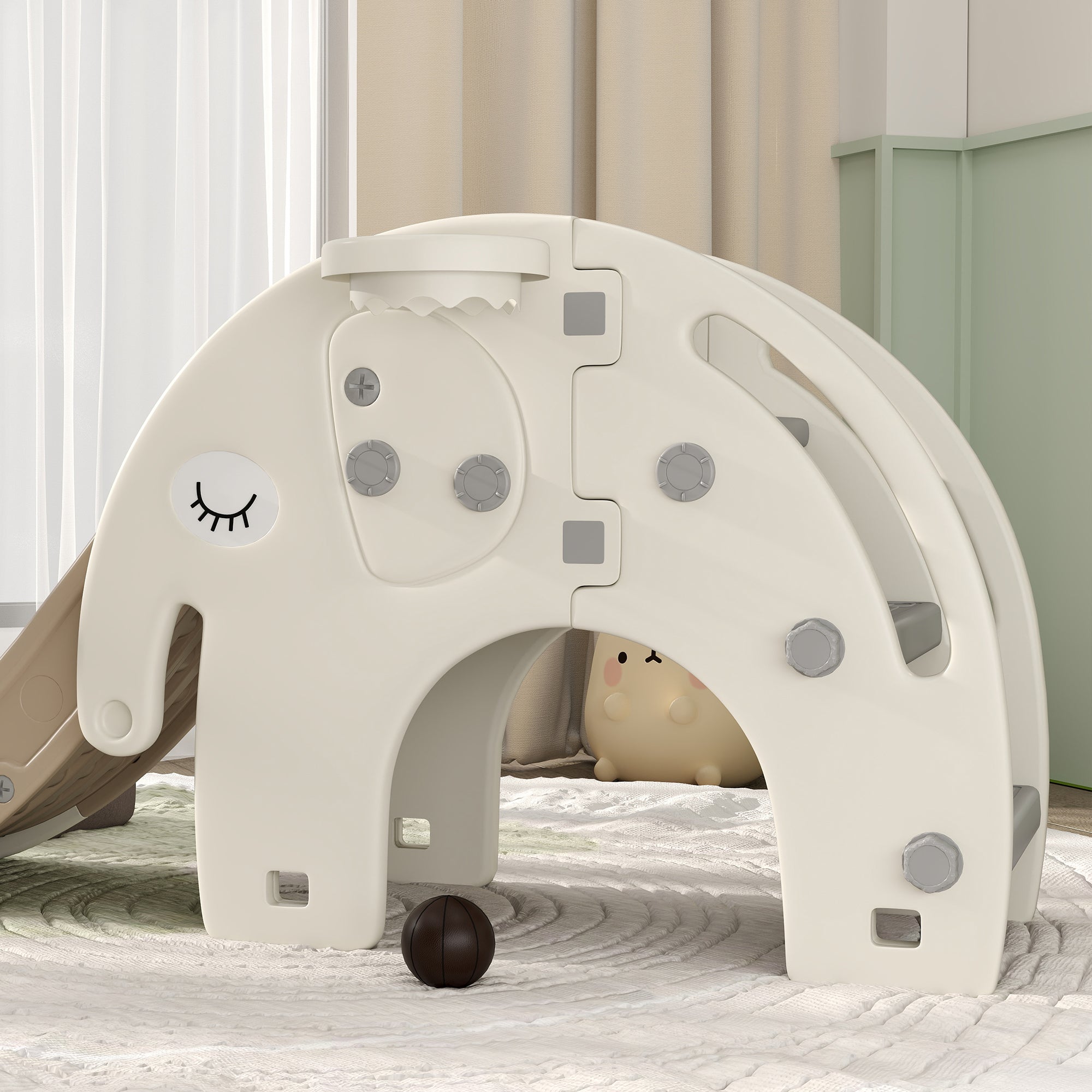 AIYAPLAY 3 in 1 Toddler Slide with Basketball Hoop, Climber, Elephant-Themed, for 1-3 Years, Cream White - North Peak Garden Furniture