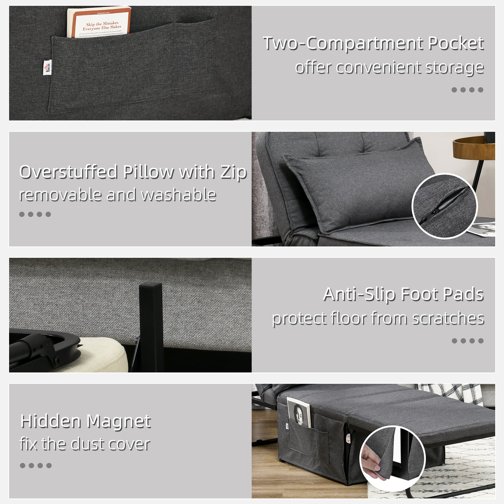 HOMCOM Fabric Sleeper Chair, Folding Chair Bed with Adjustable Backrest, Pillow, Side Pockets for Living Room, Charcoal Grey - North Peak Garden Furniture