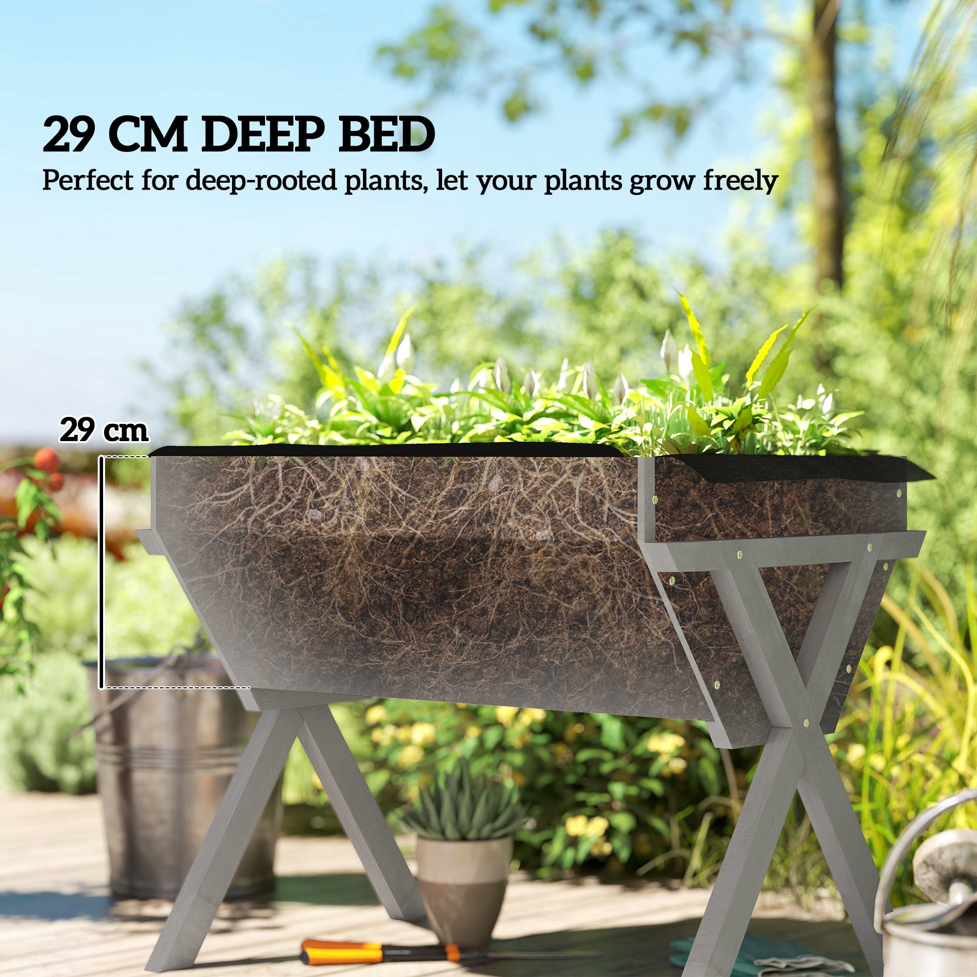 Outsunny Wooden Raised Garden Bed with Bed Liner, Elevated Planter Box with Legs, Light Grey