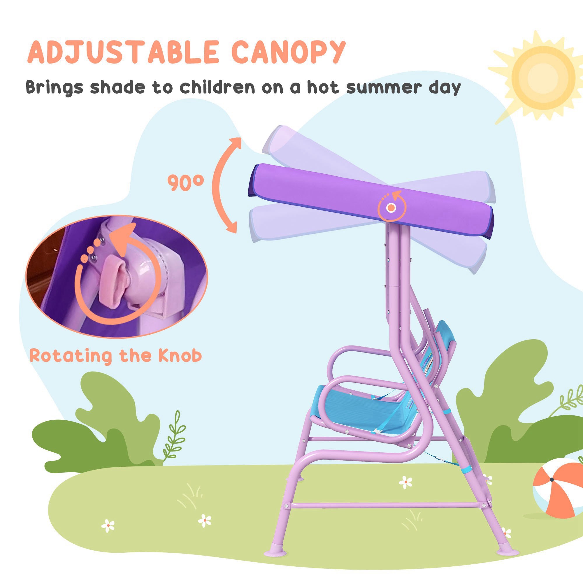 Outsunny 4PCs Kids Garden Furniture Set w/ 2 Seater Garden Swing Chair with Adjustable Canopy, Childrens Table and Chair Set with Parasol, for Toddler Girls 3-6 Years Old - North Peak Garden Furniture