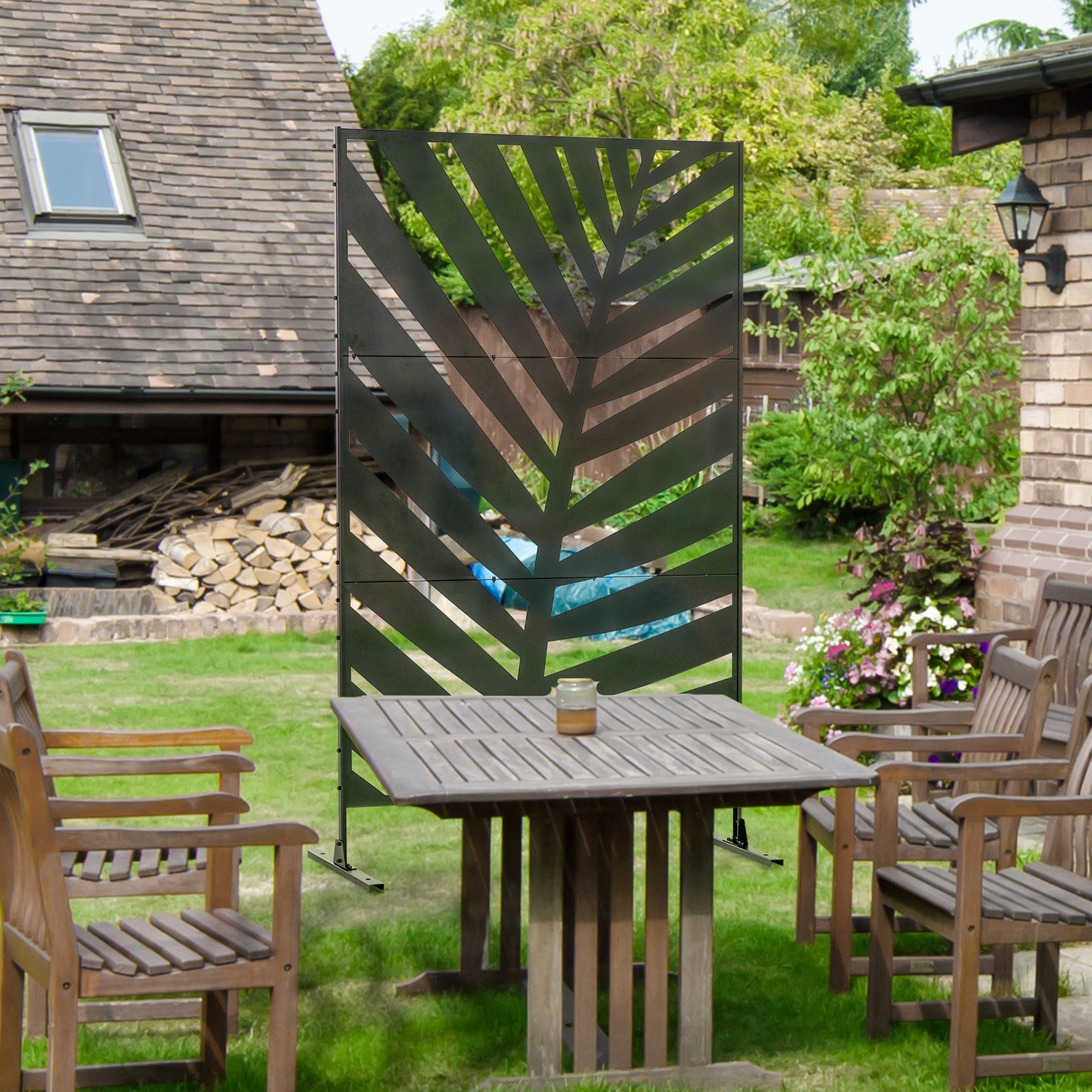 Outsunny Decorative Privacy Screen with Stand, 6.5FT Freestanding Metal Outdoor Divider, Decorative Privacy Panel with Expansion Screws for Garden Patio Pool Hot Tub, Banana Leaf Style, Black - North Peak Garden Furniture