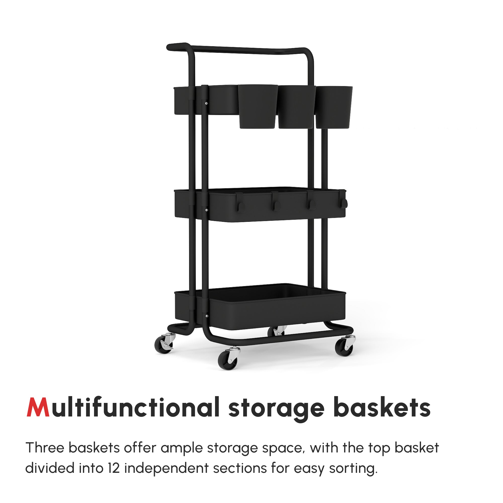 HOMCOM 3 Tier Utility Rolling Cart, Kitchen Cart with 3 Removable Mesh Baskets, 3 Hanging Box, 4 Hooks and Dividers for Living Room, Laundry, Garage, Black - North Peak Garden Furniture