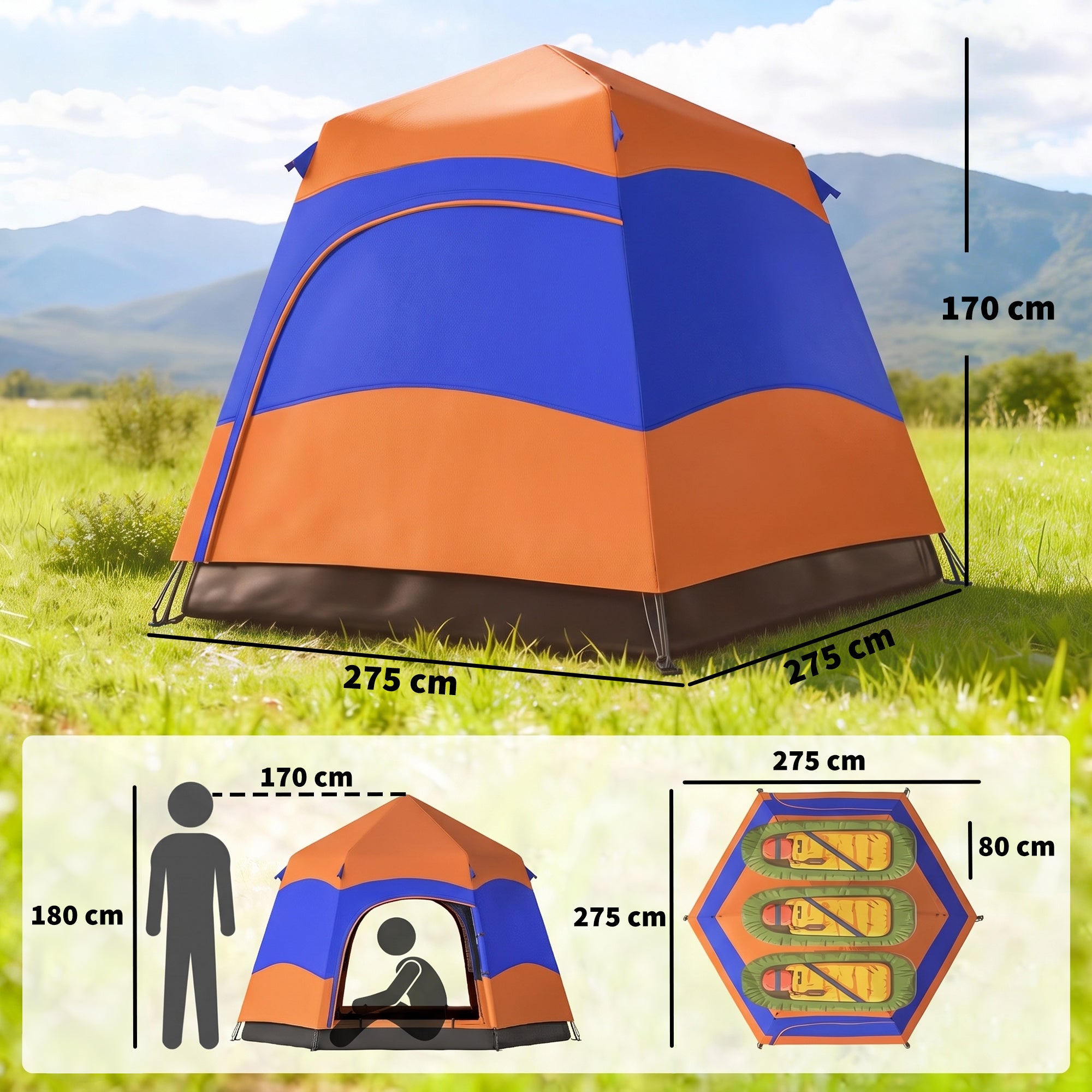 Outsunny Double Layer Dome Tent with Rainfly and Welded Floor, 4 Man Hexagon Pop Up Tent, Portable Camping Shelter with Hang Hook and Carry Bag, for Festival Hiking Family, Orange and Blue