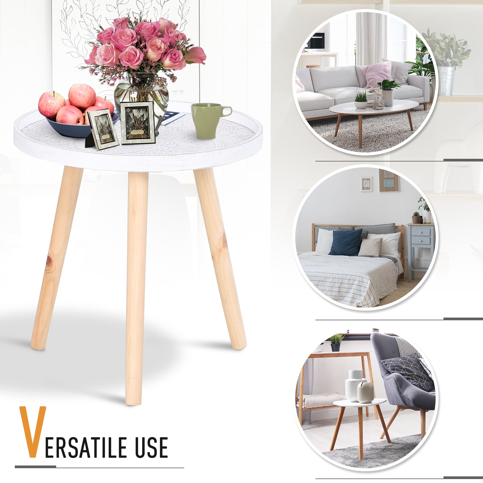 HOMCOM Coffee Table, Carved Floral Round Table with Tray-style Top and Wood Legs, Modern Side Table for Living Room, White - North Peak Garden Furniture
