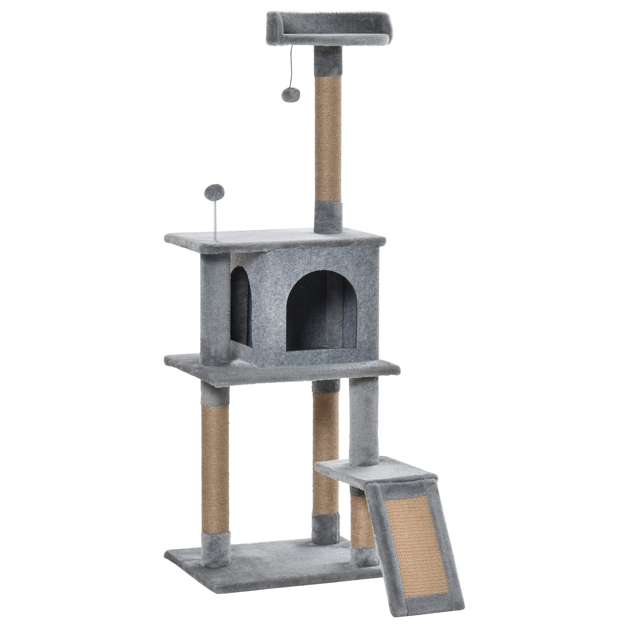 PawHut Cat Tree Tower for Indoor Cats 142cm Climbing Kitten Activity Center with Jute Scratching Post Board Perch Roomy Condo Removable Felt Hanging Toy, Grey - North Peak Garden Furniture