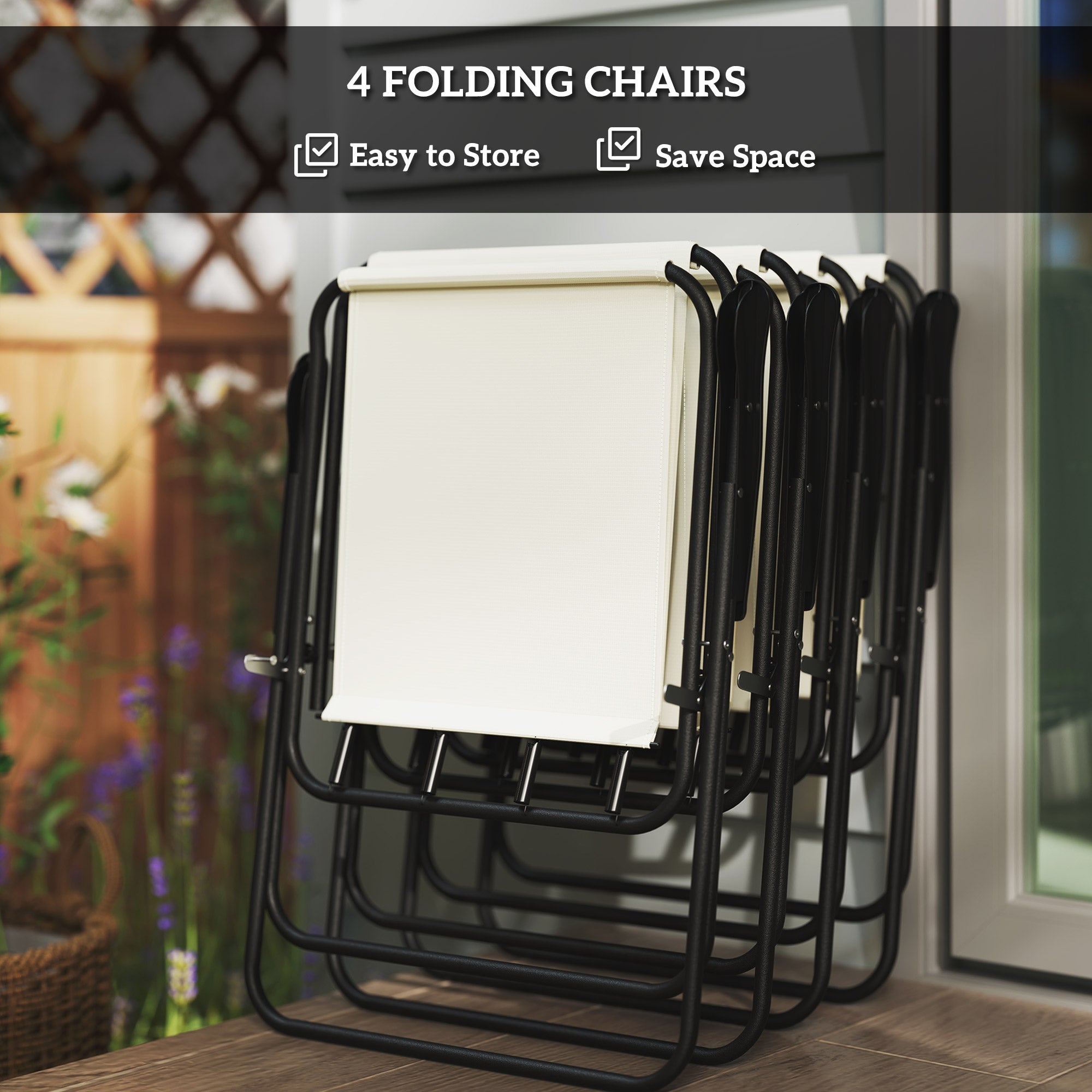 Outsunny 4 Seater Garden Furniture Set, 6 Pieces Garden Table and Chairs with Parasol, Outdoor Garden Dining Set with Folding Chairs and Round Glass Top Table for Patio, Cream White - North Peak Garden Furniture