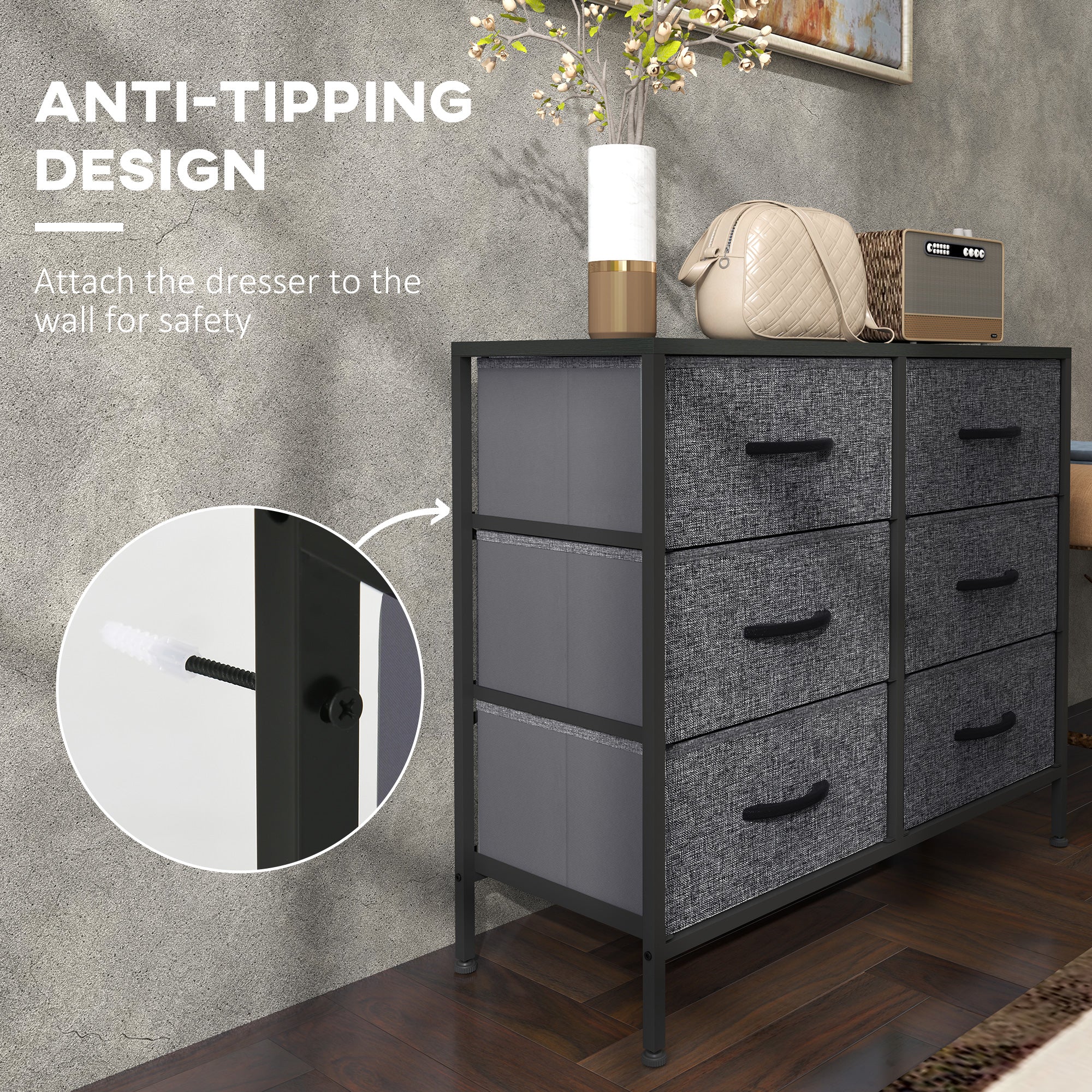 HOMCOM Fabric Chest of Drawers, Storage Drawers, Industrial Bedroom Dresser with 6 Fabric Drawers, Steel Frame and Wooden Top for Nursery, Living Room, Hallway, Black - North Peak Garden Furniture