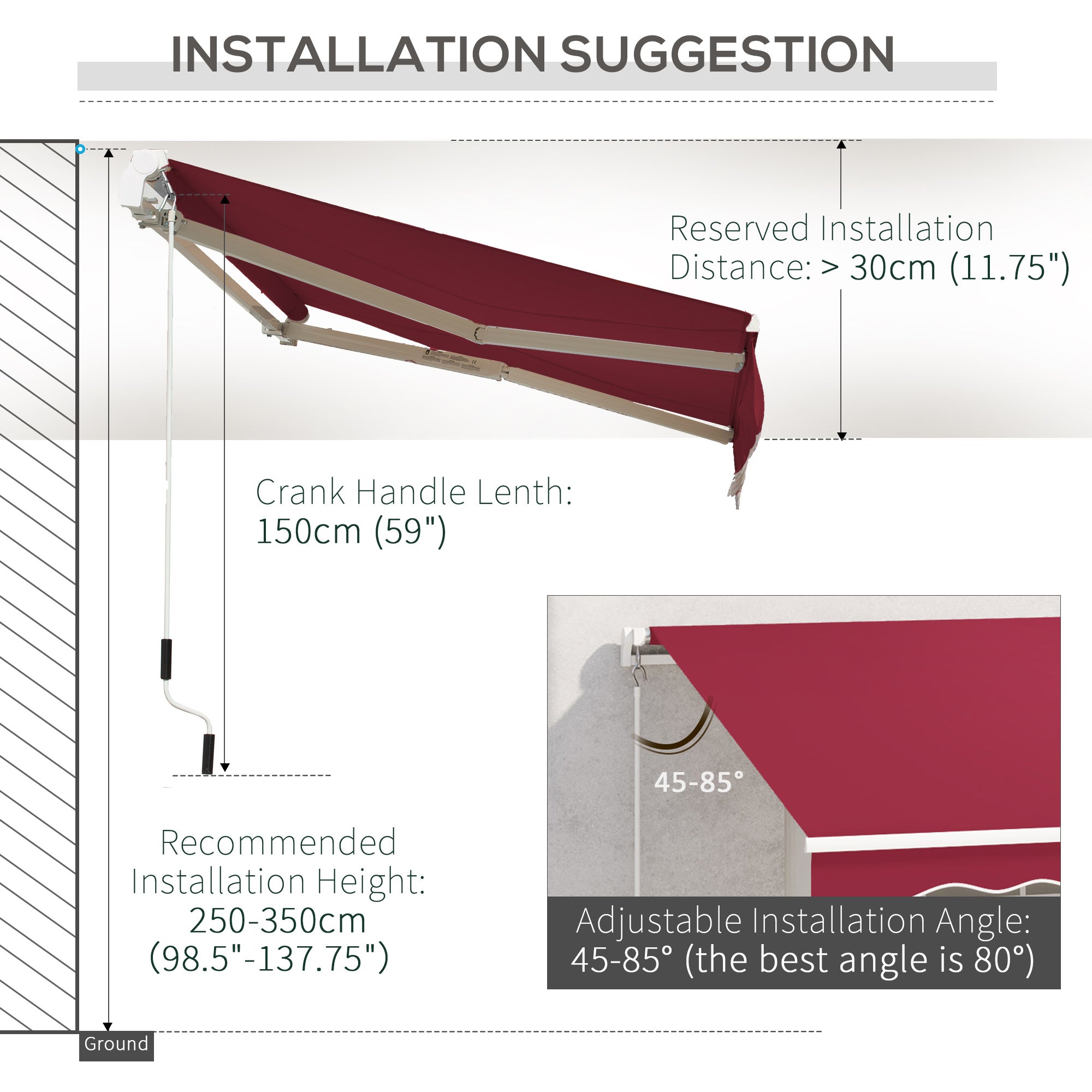 Outsunny 3.5M x 2.5M Garden Patio Manual Awning Canopy Sun Shade Shelter Retractable Winding Handle Wine Red