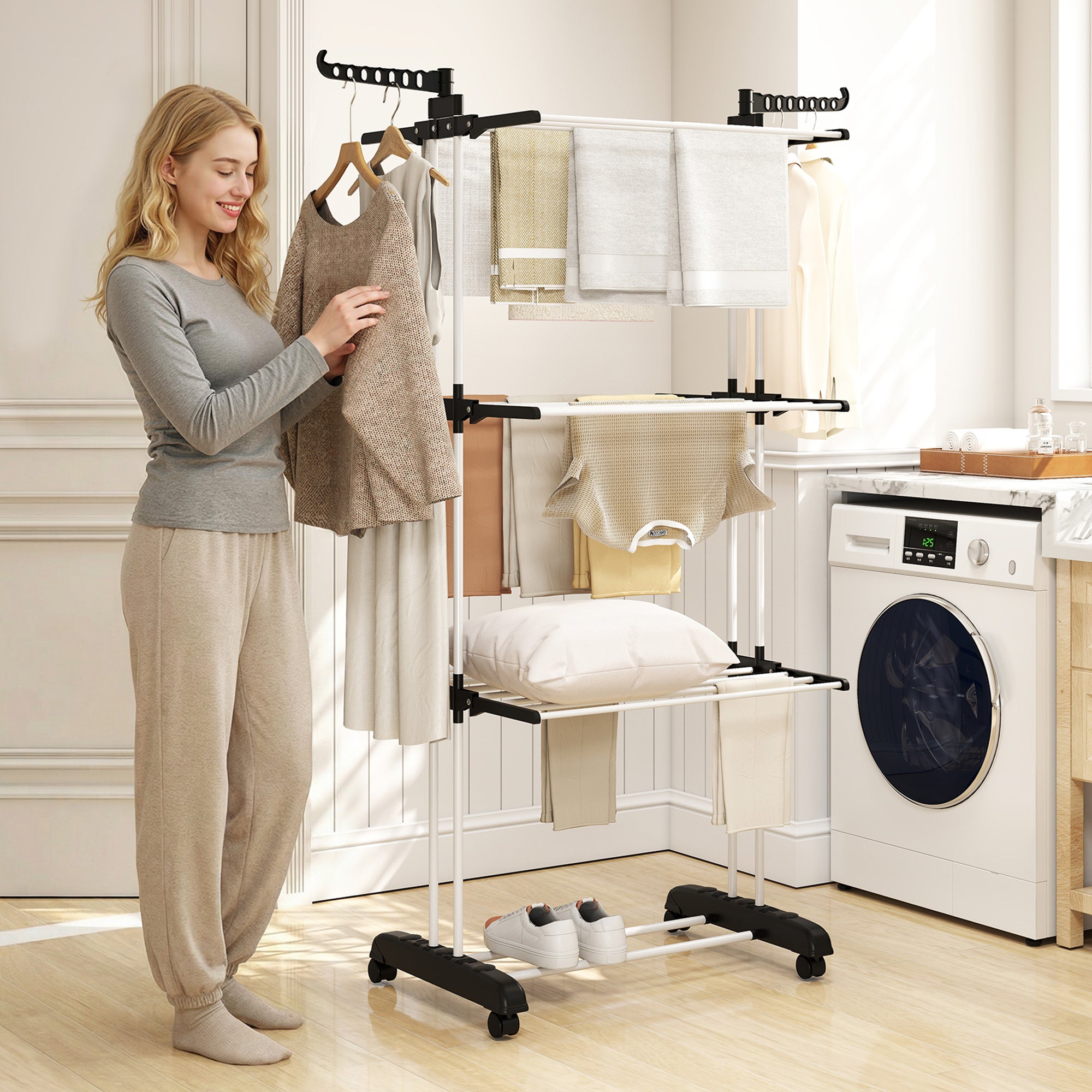 HOMCOM Foldable Clothes Drying Rack, 4-Tier Steel Garment Laundry Rack with Castors for Indoor and Outdoor Use, Black