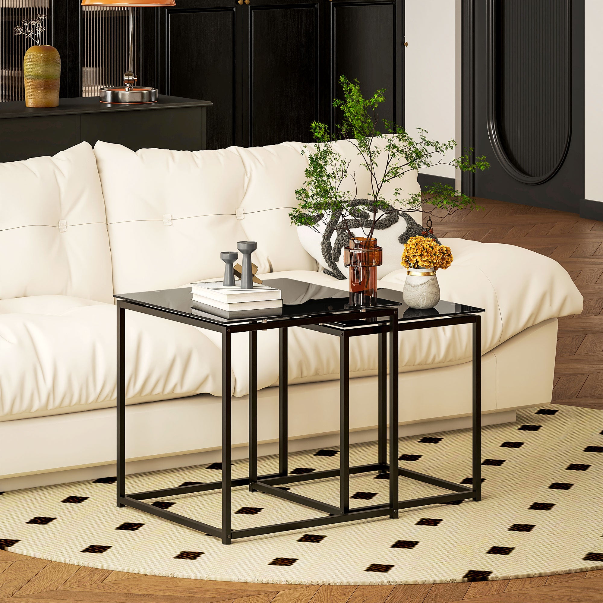 HOMCOM Nest of Tables, Set of 2 Coffee Table, Side Tables with Tempered Glass Desktop and Metal Frame for Living Room, Bedroom, Office, Black - North Peak Garden Furniture