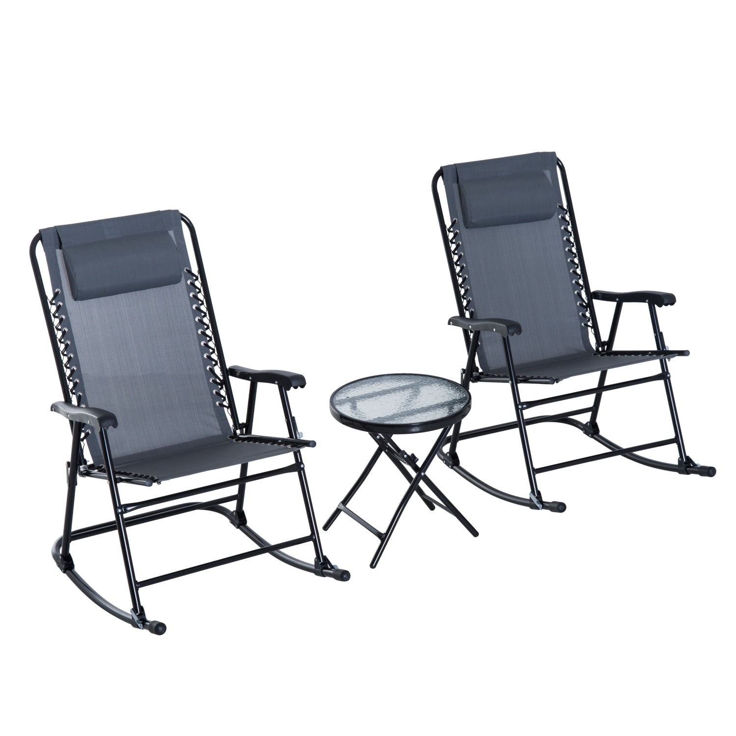 Outsunny 3 Piece Outdoor Rocking Set with 2 Folding Chairs and 1 Tempered Glass Table, Patio Bistro Set for Garden, Deck, Grey