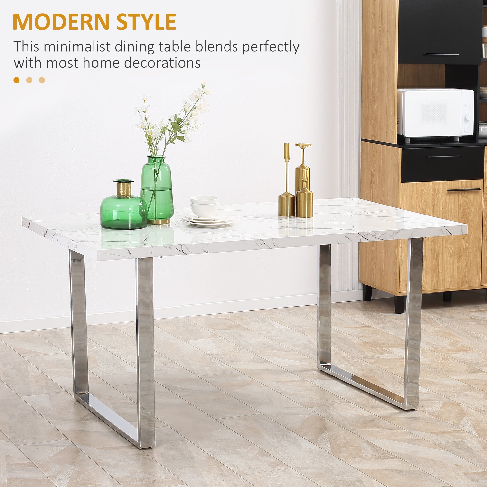 HOMCOM Modern Dining Room Table Rectangular Kitchen Table for 6-8 People with Marble Effect Tabletop Steel Legs 160 cm White - North Peak Garden Furniture