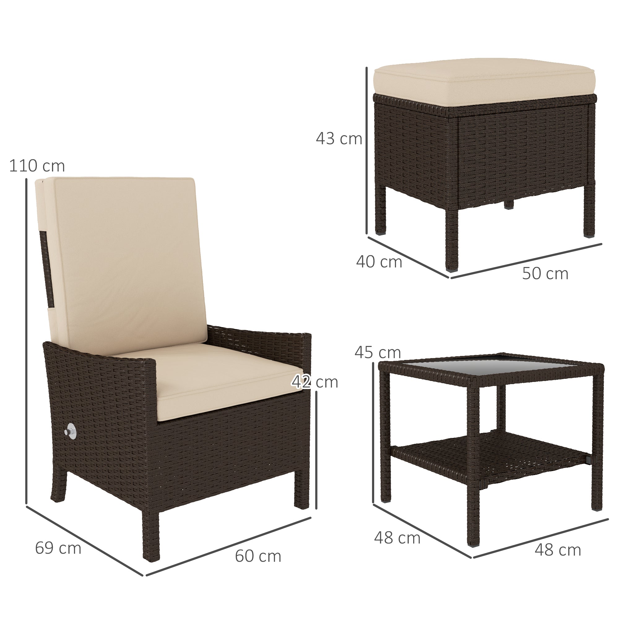 Outsunny 5 Piece Rattan Garden Furniture Set, Wicker Patio Sofa Set with 2 Armchairs, 2 Footstools, Glass Top Coffee Table with Shelf, Outdoor Furniture with Adjustable Backrests, Cushions, Khaki - North Peak Garden Furniture