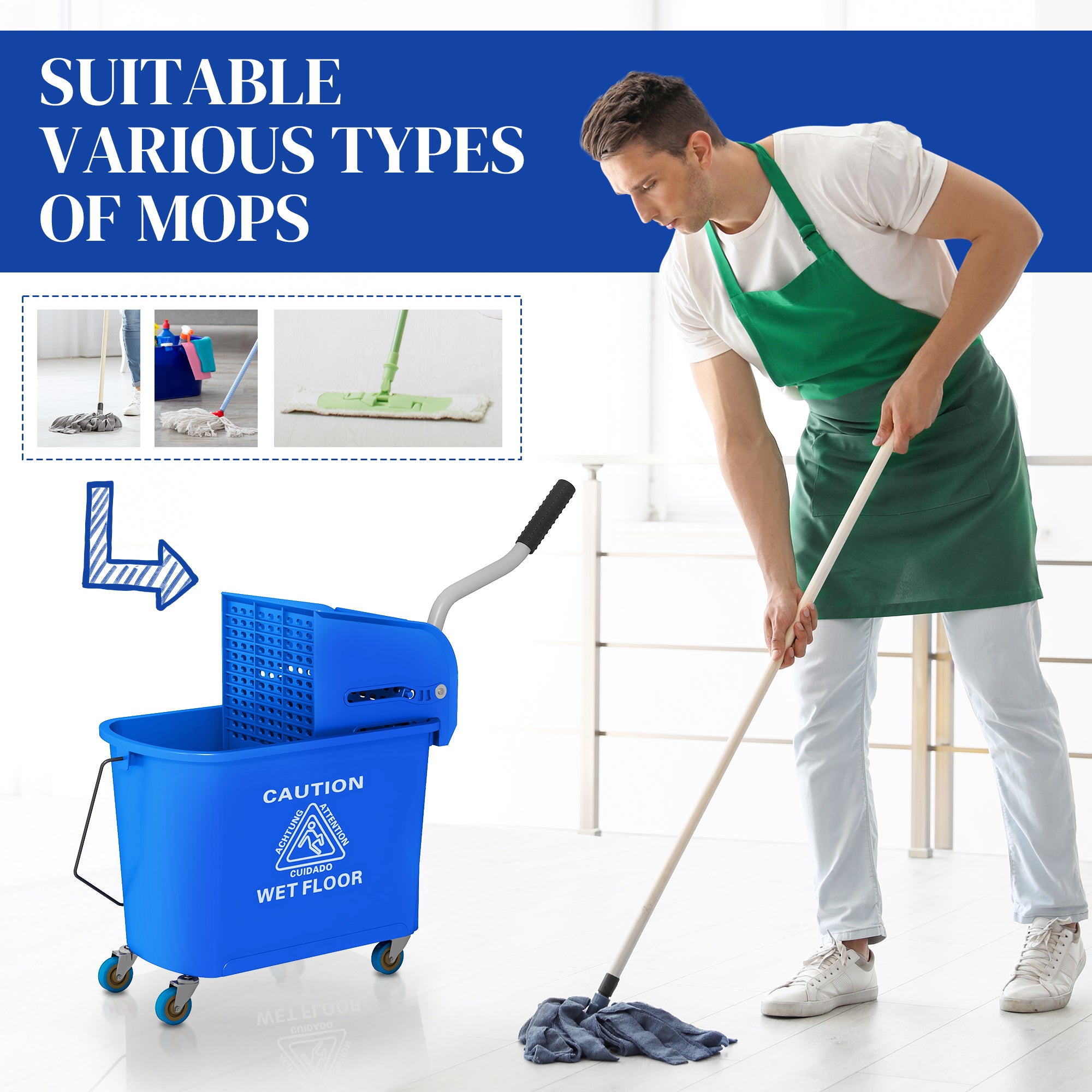 HOMCOM 20L Mop Bucket on Wheels, with Water Separation Panel - Blue - North Peak Garden Furniture