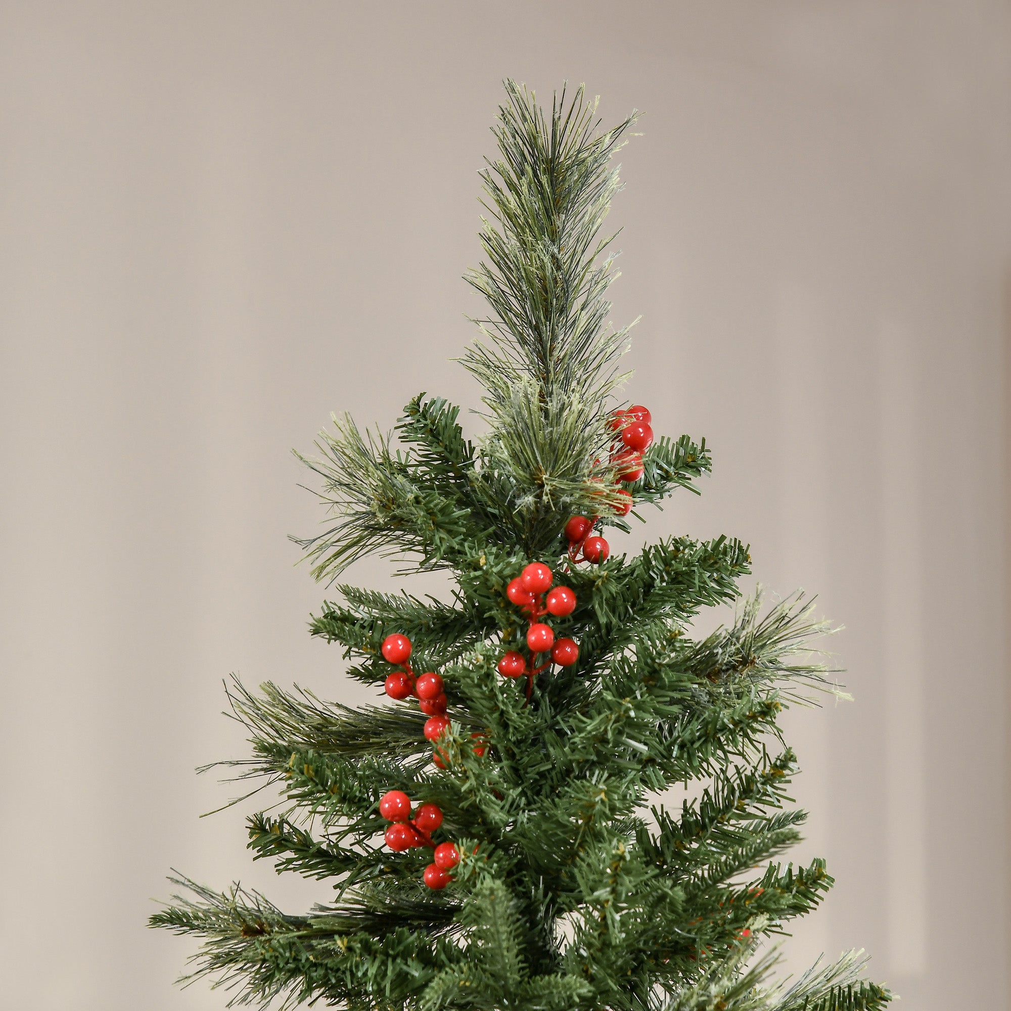 HOMCOM 7ft Pencil Artificial Christmas Tree with Realistic Branches, Red Berries, Auto Open, Green - North Peak Garden Furniture
