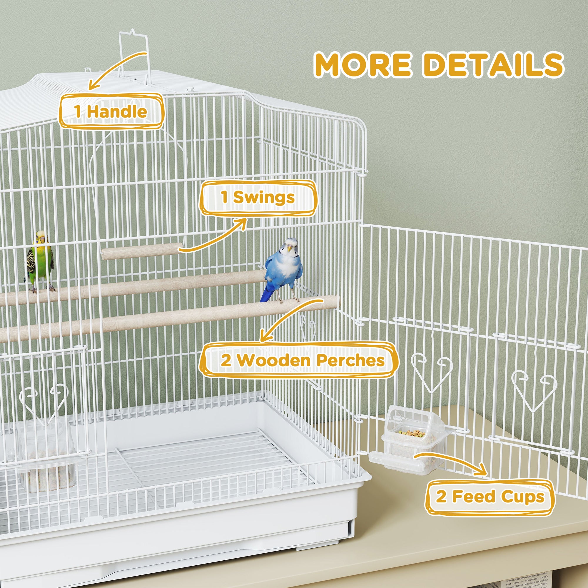PawHut Large Metal Bird Cage with Perches, Food Bowls, Swing, for Budgies, Parakeets, White - North Peak Garden Furniture
