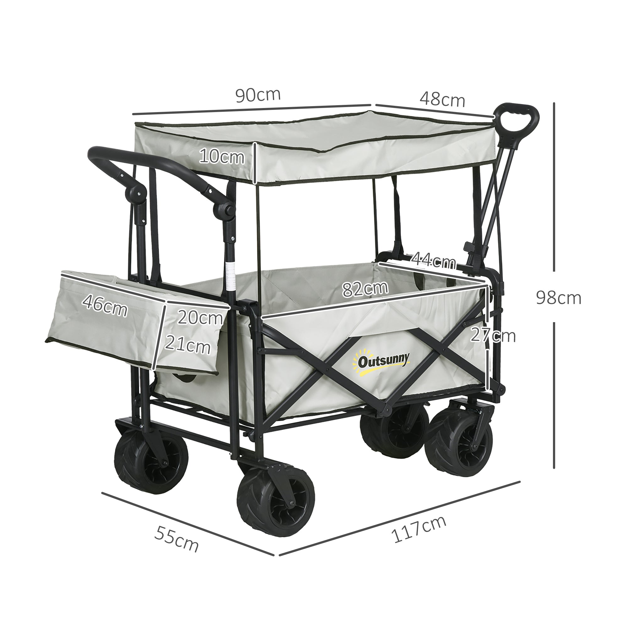 Outsunny Folding Trolley Cart Storage Wagon Beach Trailer 4 Wheels with Handle Overhead Canopy Cart Push Pull for Camping, Grey - North Peak Garden Furniture