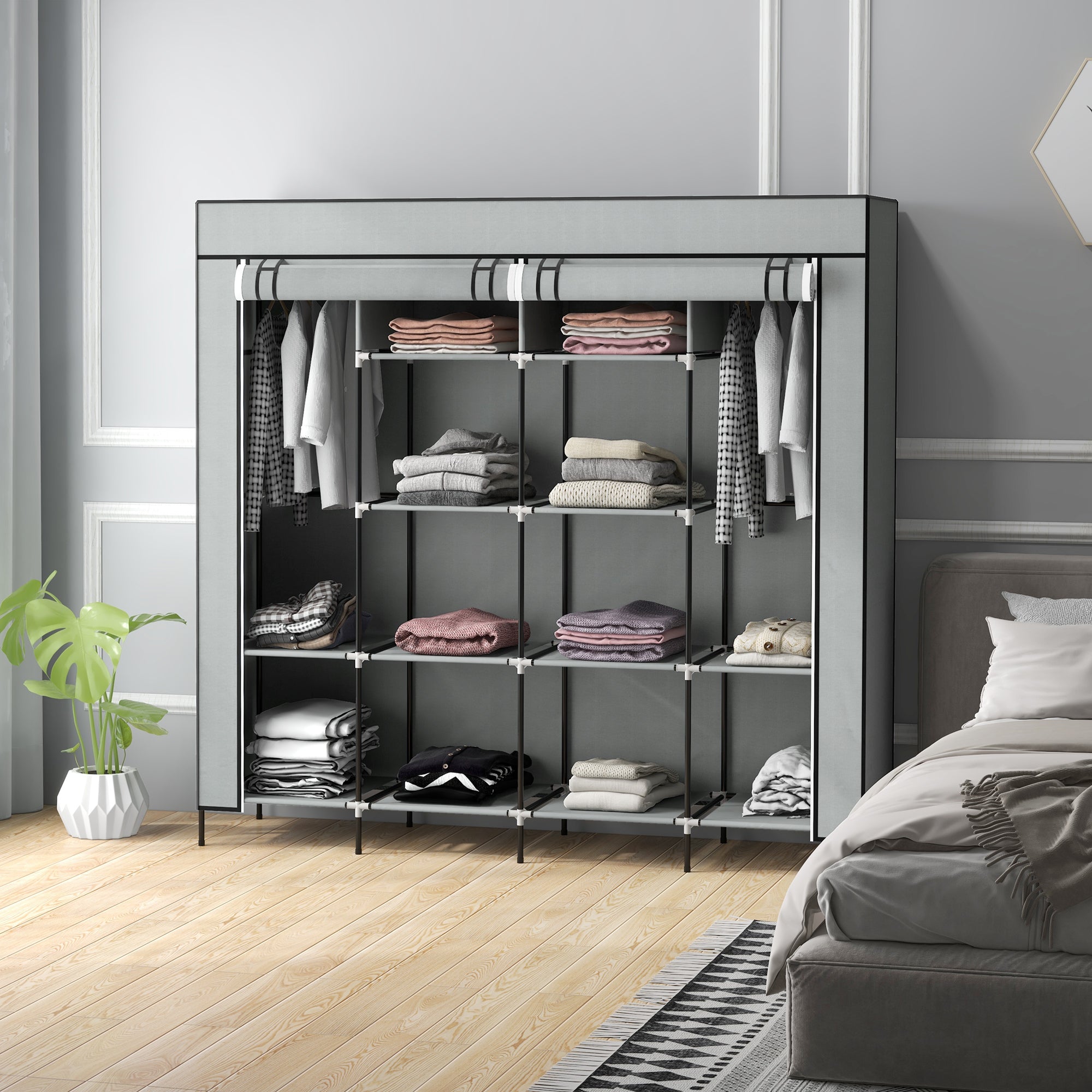 HOMCOM Fabric Wardrobe for Bedroom, Portable Cloth Wardrobe with 10 Compartments, 2 Hanging Rails and 4 Fabric Drawers, 166 x 42.5 x 169.5cm, Dark Grey - North Peak Garden Furniture
