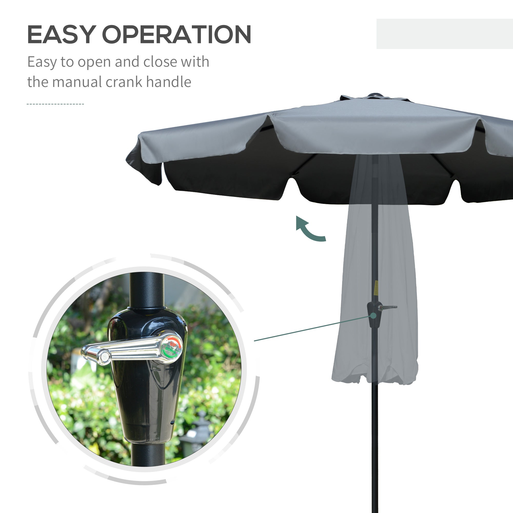 Outsunny 2.7m Patio Parasol Garden Umbrellas Outdoor Sun Shade Table Umbrella with Tilt, Crank, 8 Ribs, Ruffles, Grey - North Peak Garden Furniture