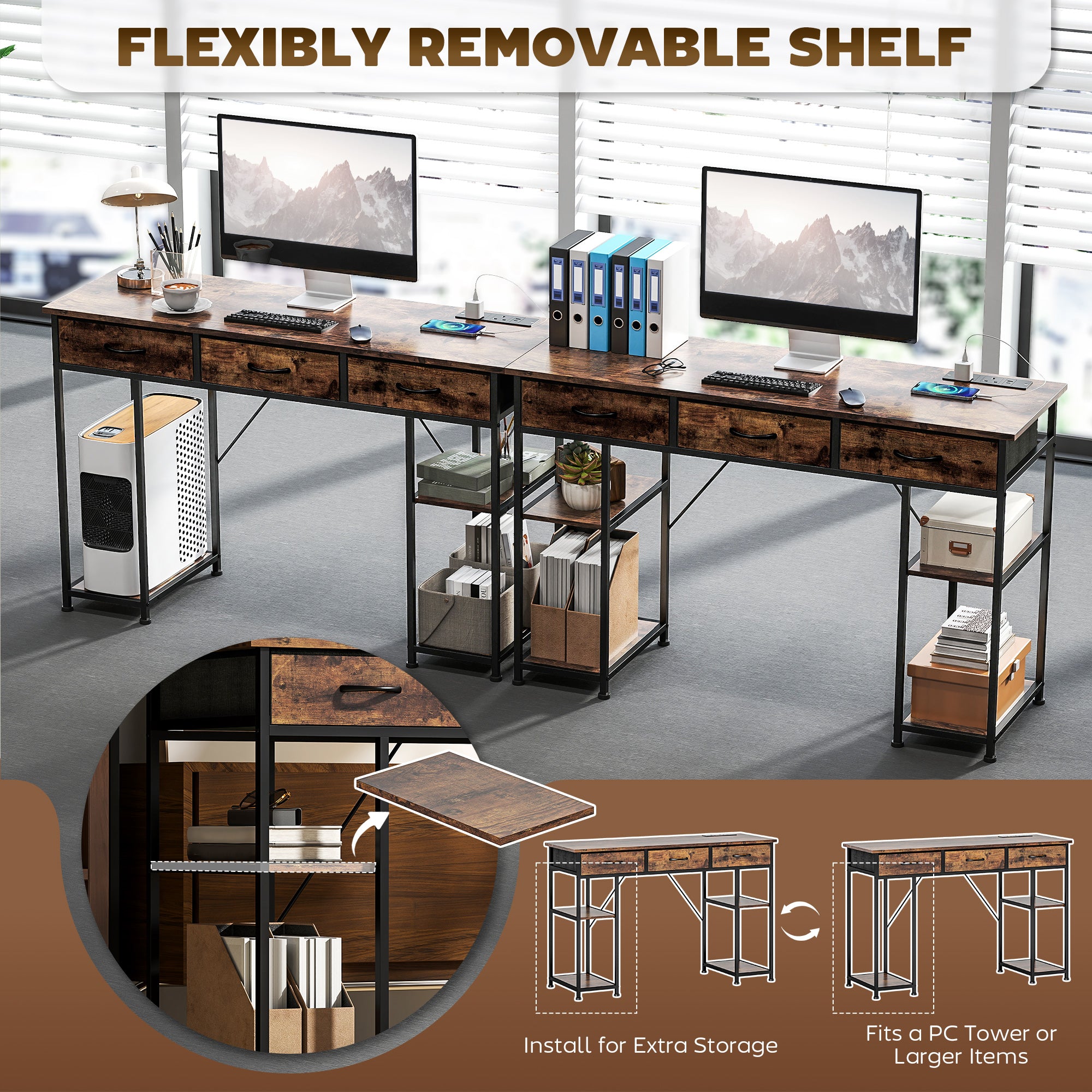 HOMCOM 120cm Computer Desk with Power Outlets, Office Desk Study Table with Fabric Drawers and Storage Shelves, Rustic Brown - North Peak Garden Furniture